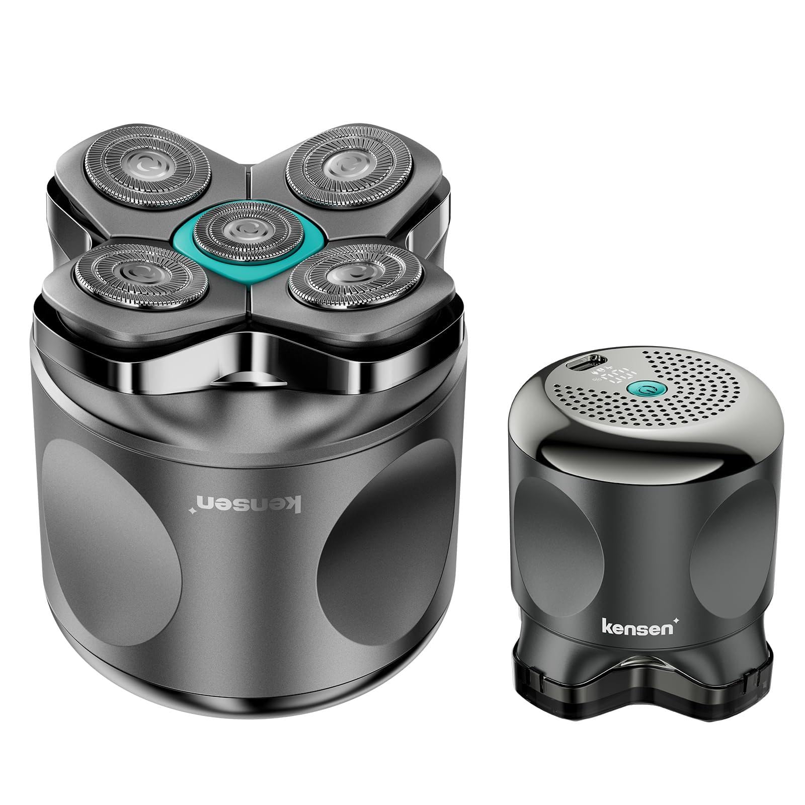 Kensen Head Shavers for Bald Men, 5 Floating Blades, Magnetic Blade Design, Child Lock, Large Hair Storage, IPX6 Waterproof, Smart Display, 100 Minutes Runtime (Gray)