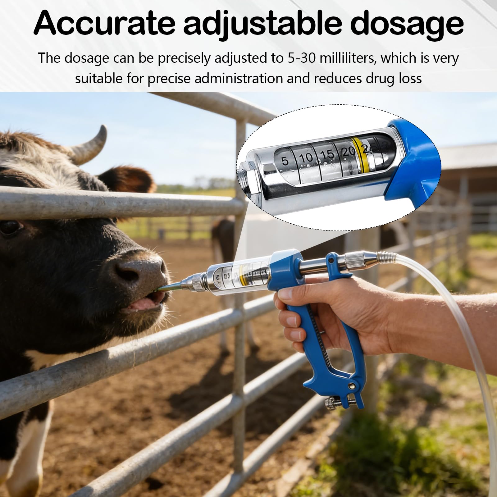 Pistola de Drench Veterinaria de Metal, Dosificación Oral 5-30 ml Ajustable Depósito 2500 ml Boquilla Acero Inoxidable Mango Antideslizante Para Vacas Cerdos Ovejas
