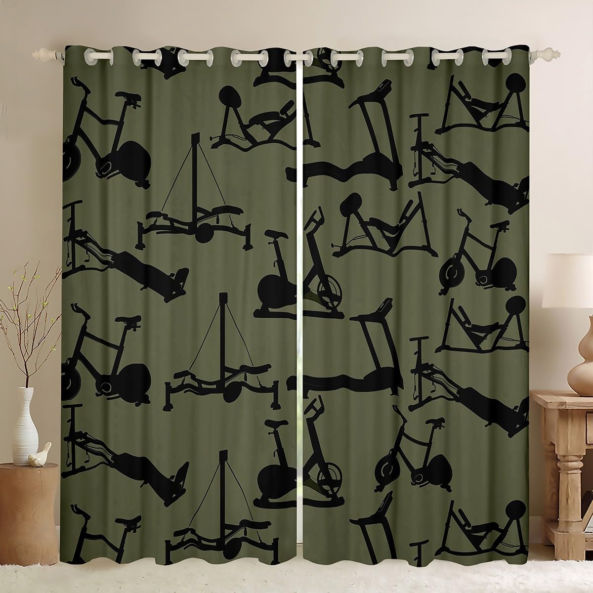 Erosebridal Boys Fitness Theme Curtains Abstract Fitness Equipment Sports Window Treatment,Gym Room Exercise Tool Window Curtains Treadmill Barbell Dumbbell Draperies Sport Theme Decor 76"X45"