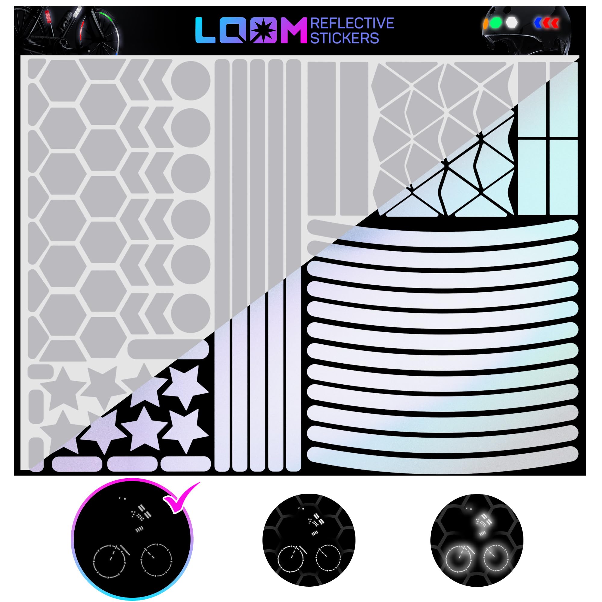 LOOM Reflective Stickers Mega Kit (101pcs WHI-Gray)• Nighttime Safety Waterproof Self-Adhesive Decals for Helmets, Skateboard, Bike, Scooter, E-Bike,