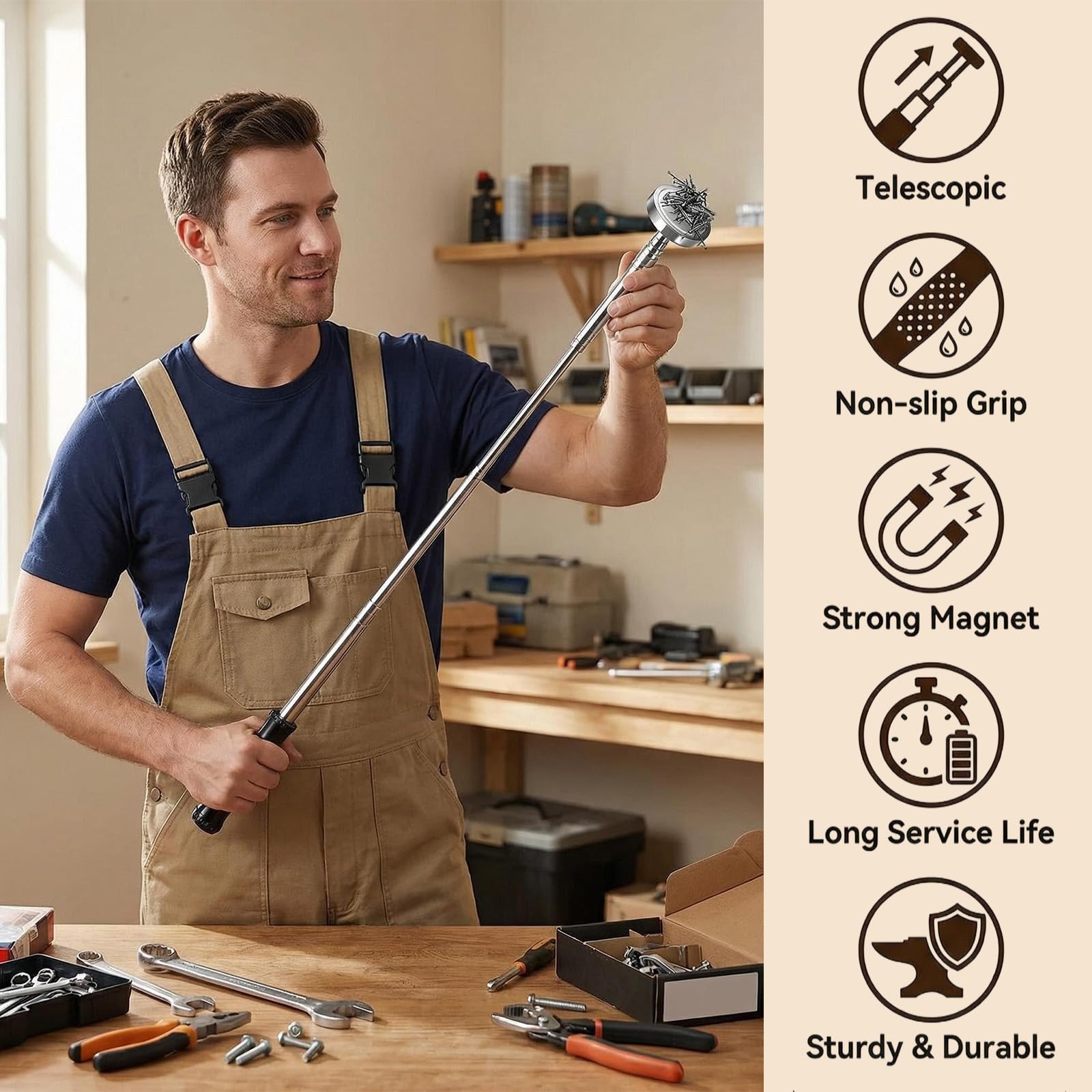 Herramienta de recogida magnética telescópica, alcance ajustable de 22 cm a 103,5 cm, carga máxima de 15,8 kg, ideal para recoger clavos, tornillos, tuercas y objetos metálicos pequeños
