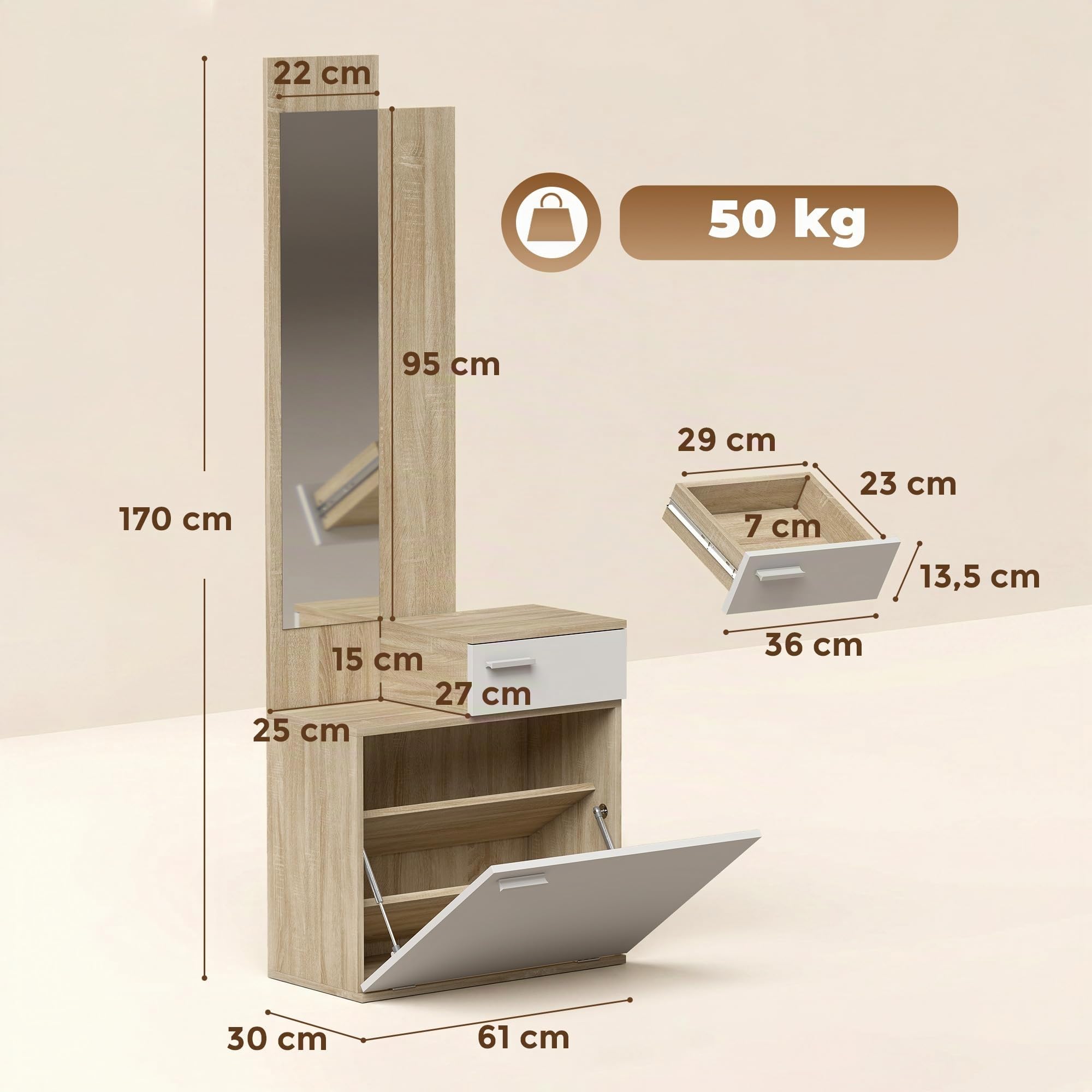 HOMCOM Recibidor de Entrada con Espejo Zapatero Abatible 61x30x170cm Blanco | Mueble Recibidor de 2 Piezas, Asiento, Cajón, Mesa Pequeña para Pasillo
