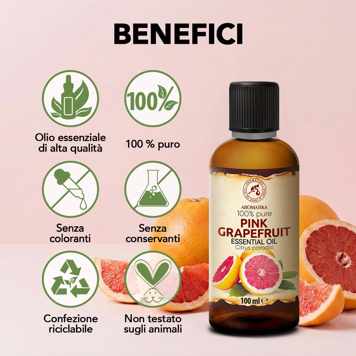 Olio Essenziale di Pompelmo Rosa 100 ml - per Diffusore e Aromaterapia | Per diffusori e lampade aroma; saponi e candele; profumo per la casa; aroma di agrumi; fragranza fresca; profumo d’ambiente