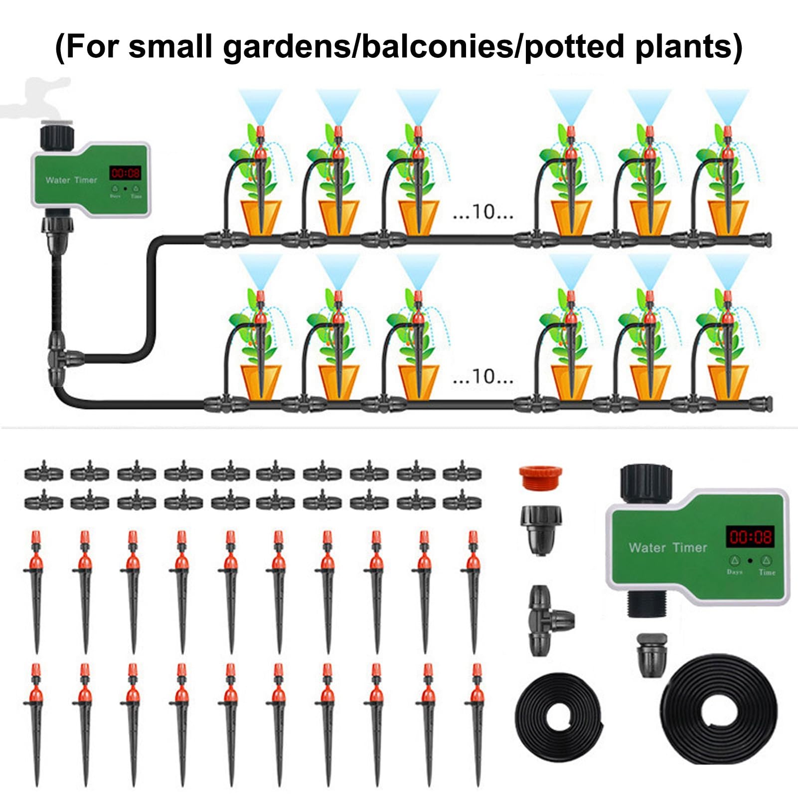 Kit di Irrigazione a Goccia Automatica da 65 Piedi con Timer, Irriga Automaticamente Fino a 20 Piante, Ideale per l'Irrigazione di Serre, Giardini e Prati