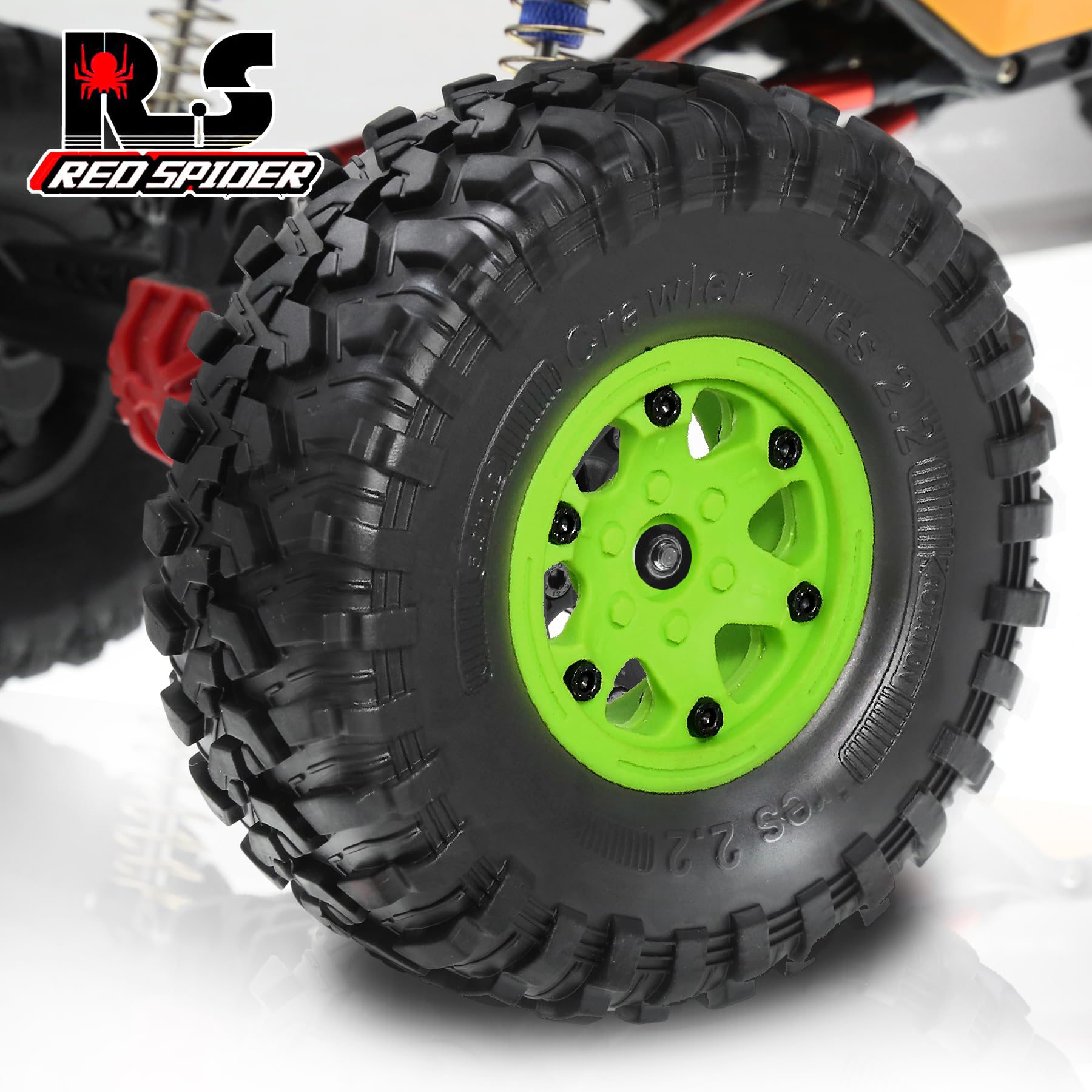 REDSPIDER 2.2 Beadlock Wheels and Tires?4pcs?Plastic wheels with lightweight design?All terrain tires.for 1:10 RC Axial SCX10 Canyon Trail 105Rims TRX4 TRX6(Green)