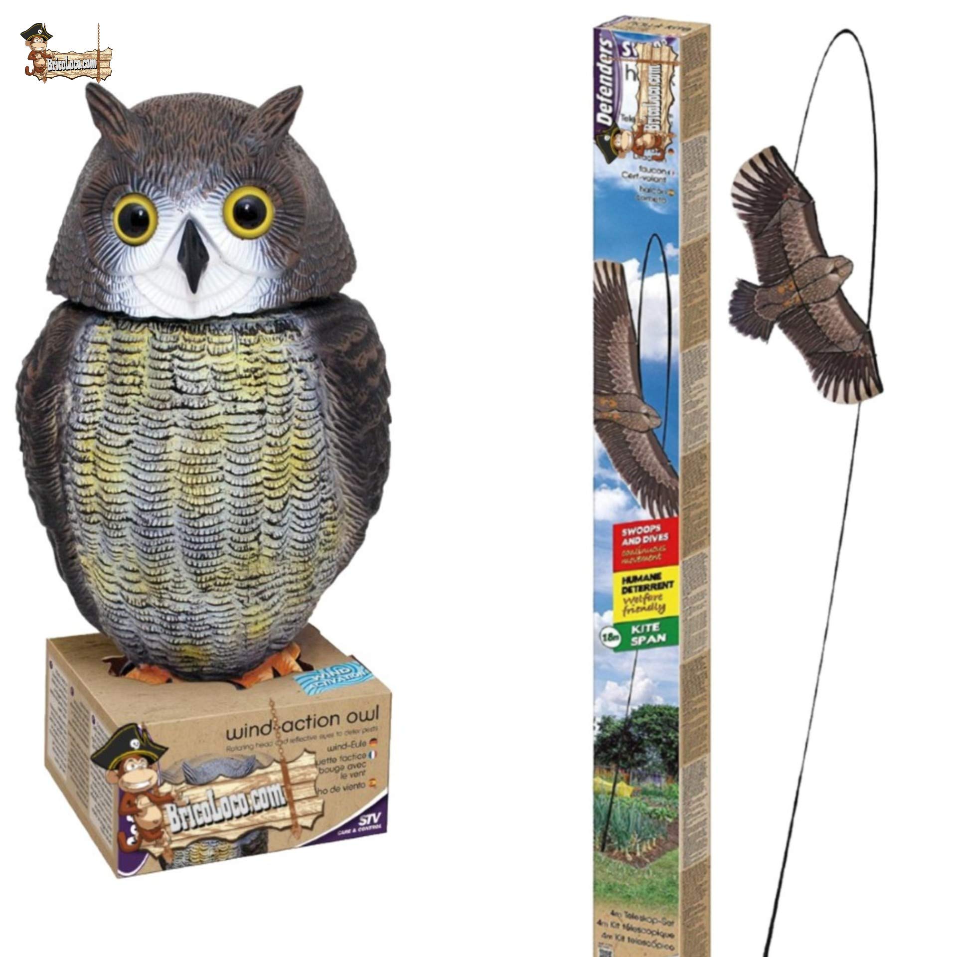 BricoLoco Pack Búho + Cometa espantapájaros. Pack Ahuyentador de pájaros, aves, palomas. Ideal para huerto o jardín.