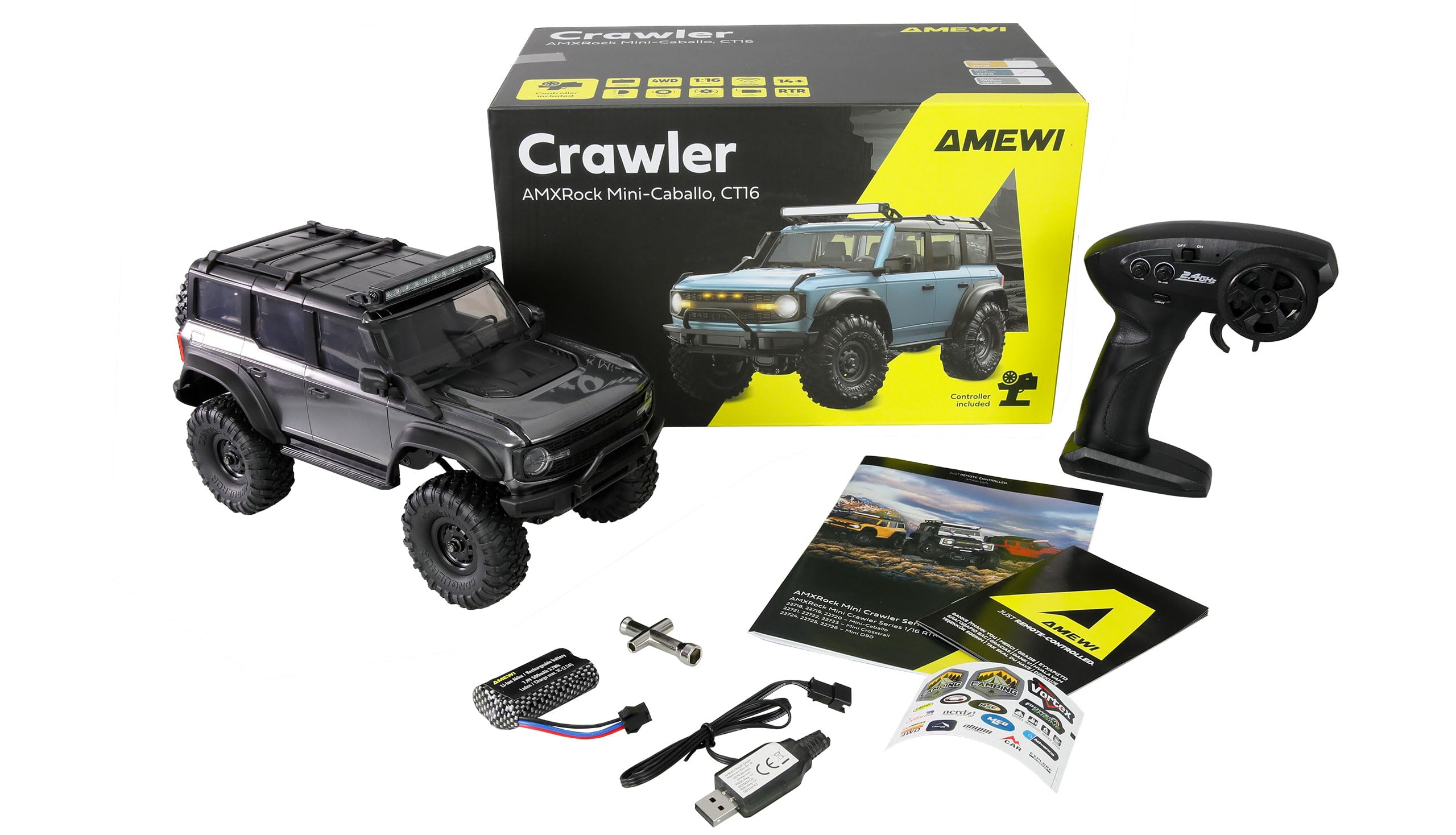 Amewi AMXRock Mini Caballo Scale Crawler 4WD 1:16 RTR grigio con telecomando, batteria, cavo di ricarica