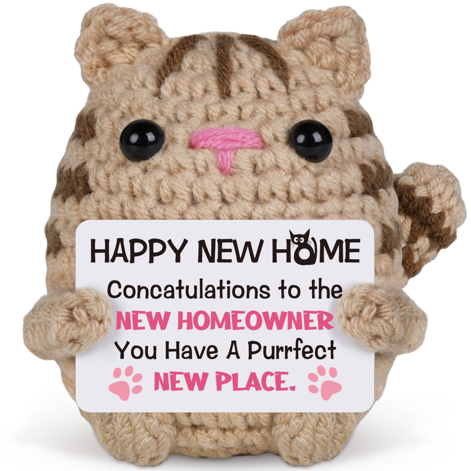 Sayregifty New Home Gifts, House Warming Gifts New Home - Handmade Positive Cat Doll Crochet with Card, Unique Housewarming Gift for Couple Friends Family Homeowner