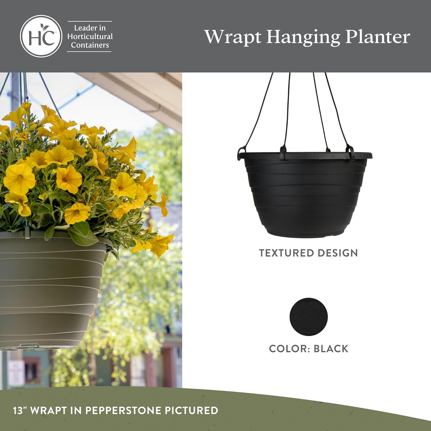 The HC Companies Wrapt Hanging Planters - Lightweight Plant Pot Hanger for Hanging Plants, Vegetables & Herbs - Outdoor & Indoor Hanging Basket for Plants (11" Black, Pack of 1)