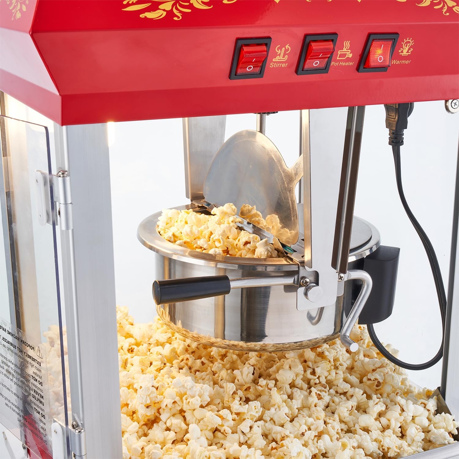 8 Oz Popcorn Machine with Stainless-Steel Kettle Makes Up to 32 Cups, Vintage Movie Theater Pop Corn Popper with 3-Switch Control, Waste Kernel Drawer, 2 Scoop, Glove & Popcorn Bags