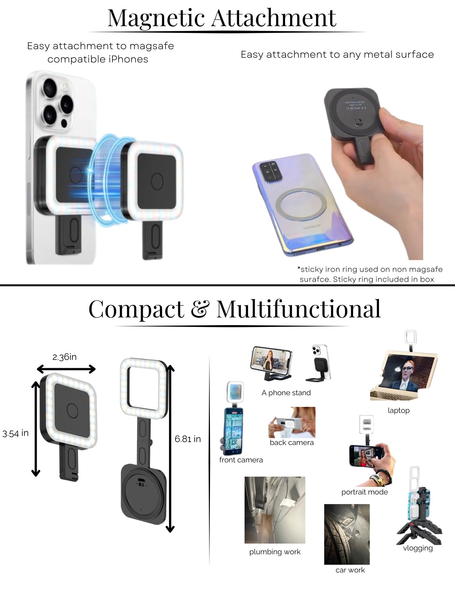 Phone Selfie Light, Magsafe Magnetic LED Selfie Light, 180 Degree Folding ARM, Rechargeable, Magnetic Mount for Selfie, Photo, TikTok, Video, Flashlight, 6 Setting, Attach to Any Surface