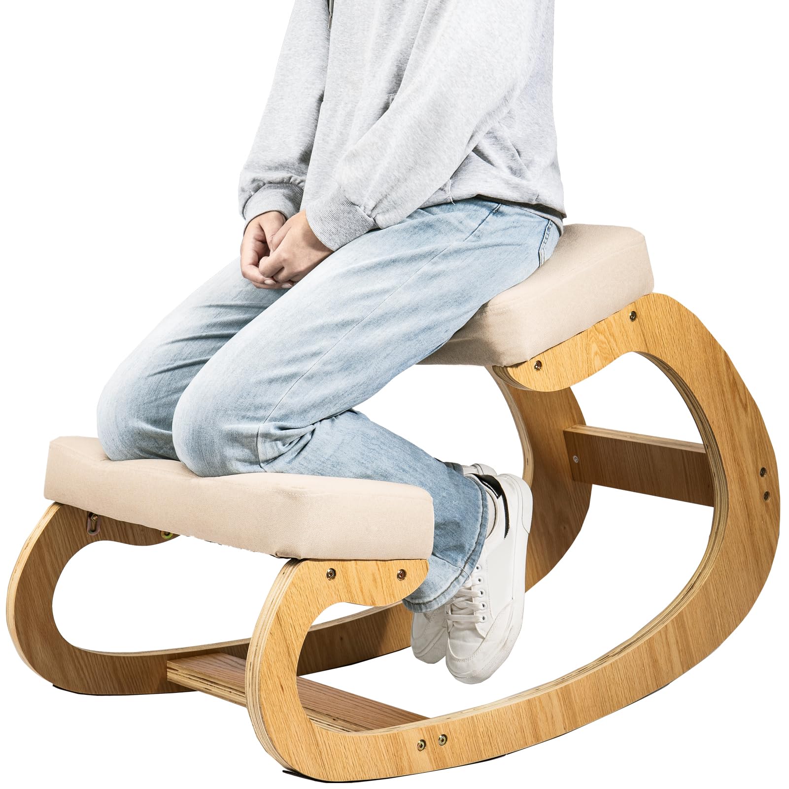 CROWNSHOP Kneeling Chair with Rocking Feature – Ergonomic Orthopedic Posture Stool for Back & Neck Pain Relief, Thick Cushioned Seat for Home, Office & Meditation (Wooden Oak White)