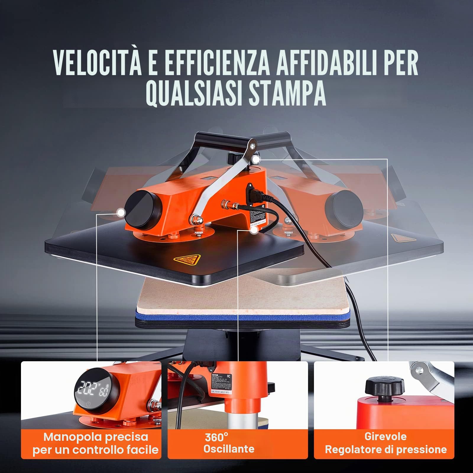 VEVOR Pressa di Calore Oscillante Multifunzione 42 x 40 x 39 cm Macchina per Sublimazione 6 in 1 Pressa di Calore con Testata a 360° per Magliette/Cappelli/Tazze/Progetti di Trasferimento di Calore