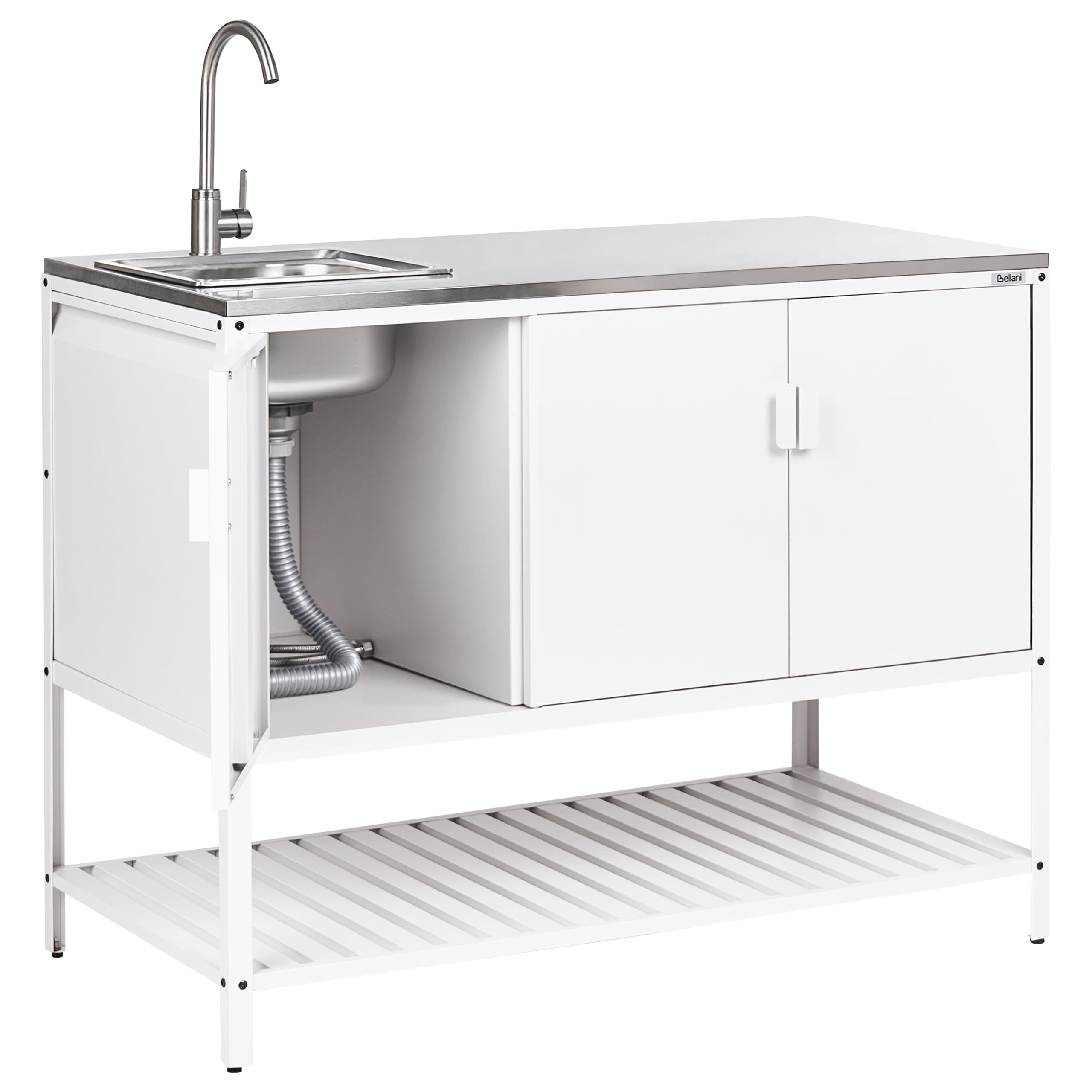 Beliani Mobile da Cucina da Esterno in Acciaio con 3 Ante e Piano in Acciaio Inox Bianco