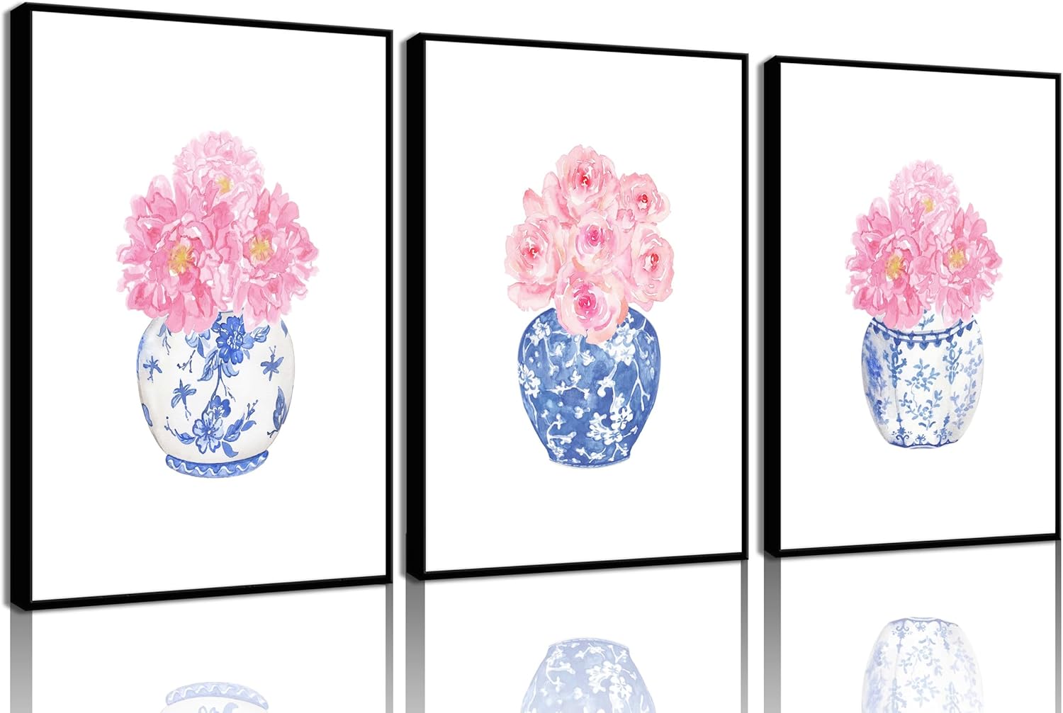 3Pcs Pink Peonies Watercolor Wall Art Rose Floral Porcelain vase Painting Pictures Chinoiserie Blue and White Vase Canvas Prints Wall Decor For College Style Bedroom Aesthetic Posters Unframed