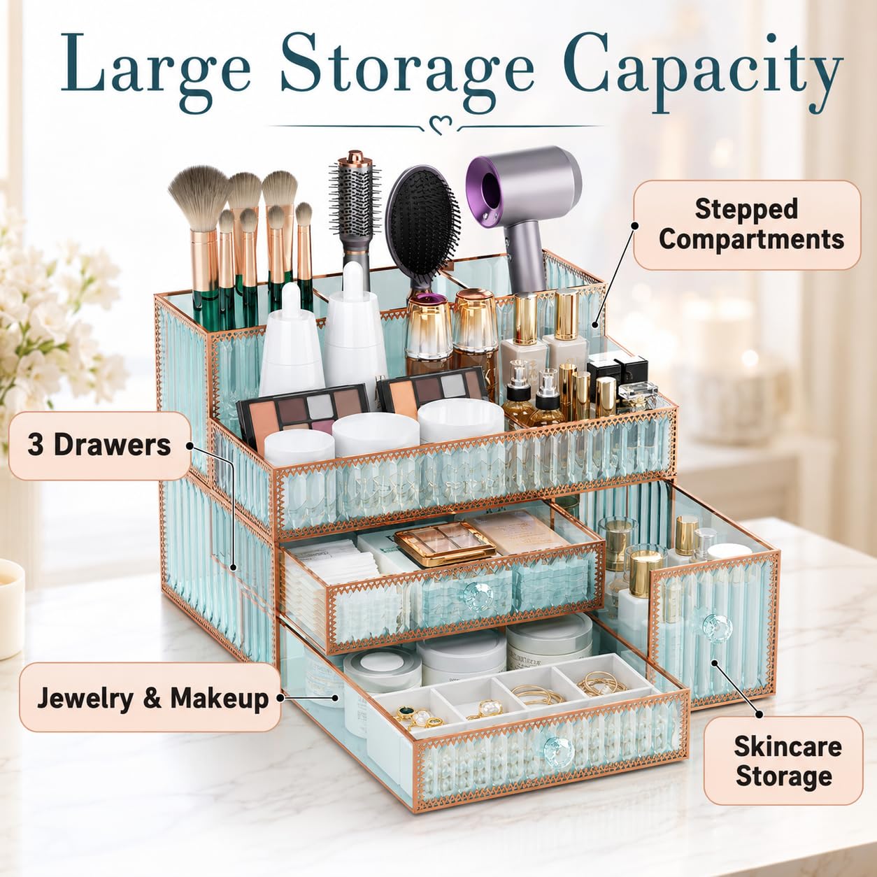 Youdepot Schminktisch Organizer aus gehärtetem Glas, Kosmetik Organizer für Make-up, Skincare, Pinsel, Parfüm und Haar-Tools, Badezimmer Aufbewahrung für Tischplatte, Grün