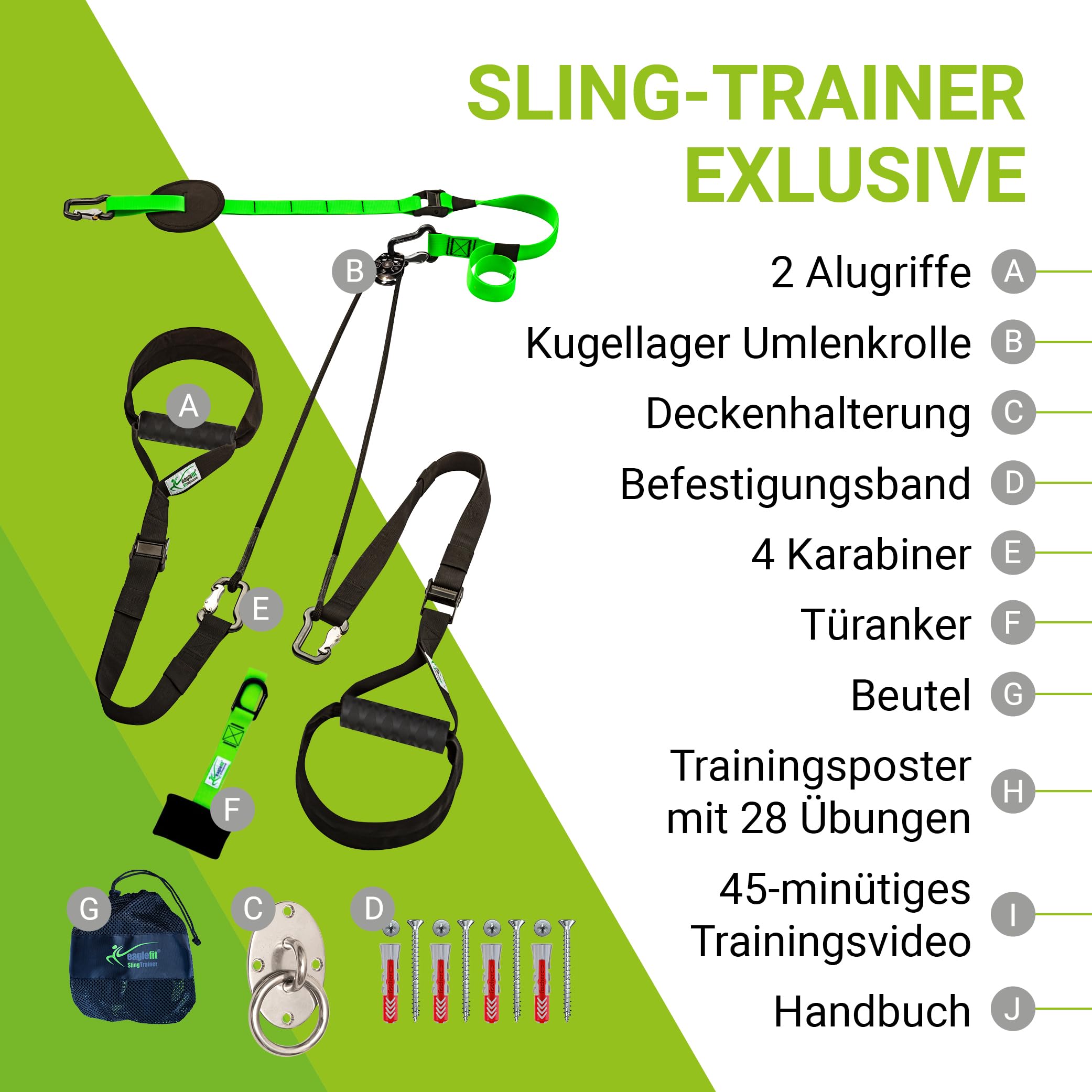 eaglefit Sling-Trainer Exclusive ALU - Schlingentrainer Set für Zuhause & Outdoor inkl. Alugriffen, Deckenhalterung, Türanker & Zubehör für Krafttraining & Muskelaufbau - Verstellbar 160-360 cm