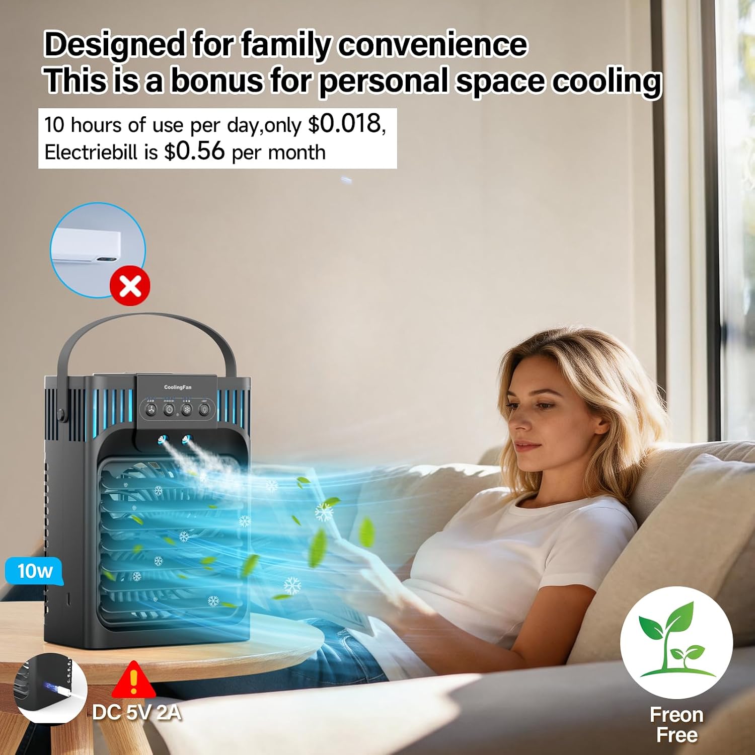 Portable Air Conditioner Cooling Fan with Remote, Quiet with 3 Speeds, 1200ml Personal Air Cooler Fan with 3 Mist, 7 Night Light, 8H Timer, Small Air Conditioner for Bedroom Office