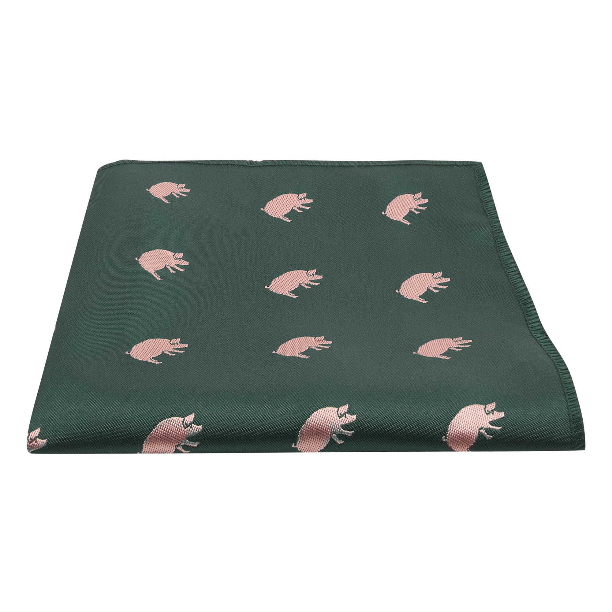King & Priory Dark Green Embroidered Pig Pocket Square, Handkerchief