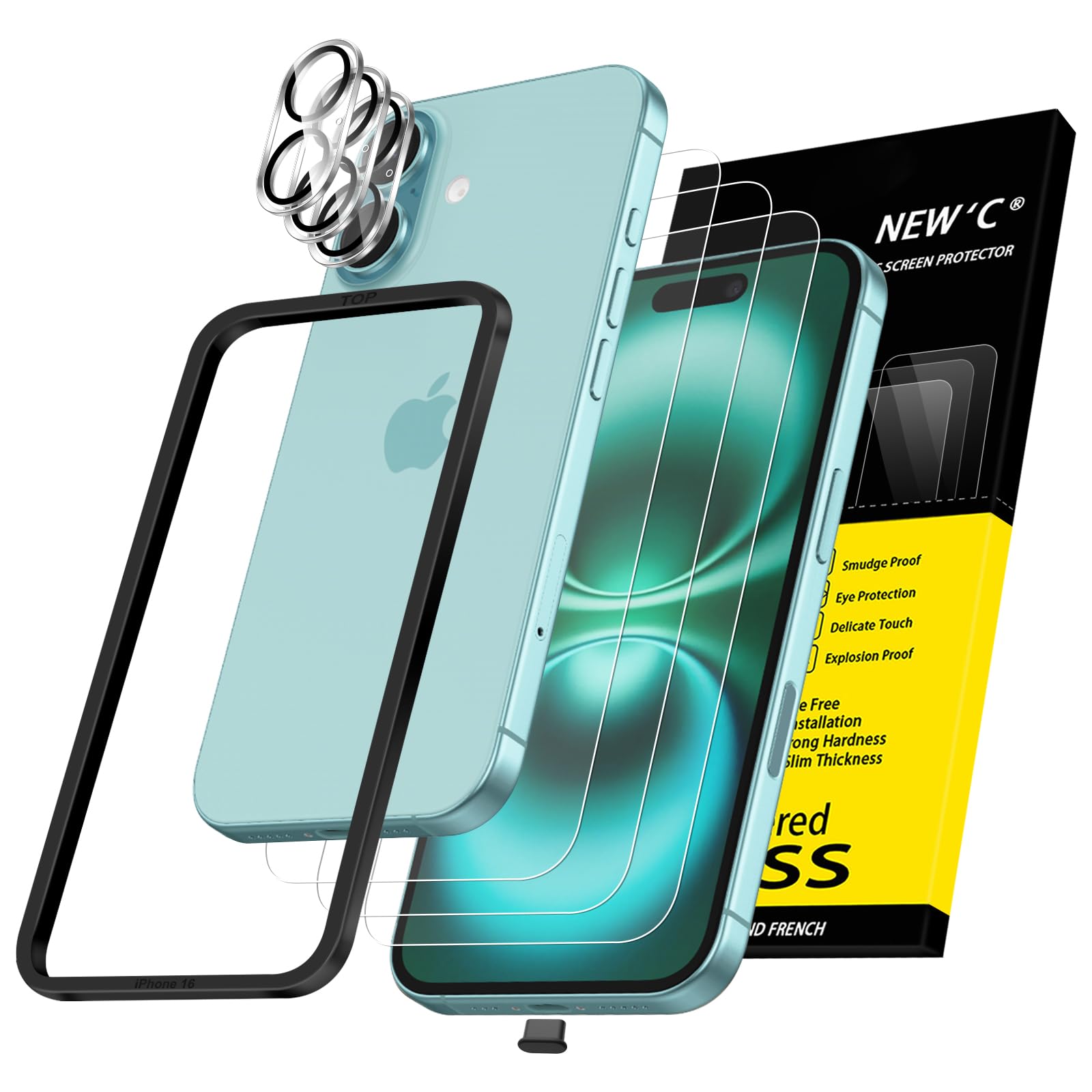 NEW'C 3x Screen Protector for iPhone 16 (6.1 inches)+ 3x Camera Lens Protector, Sensor Protection, Case Friendly Tempered Glass Film + Dust Plug- Easy installation tool include