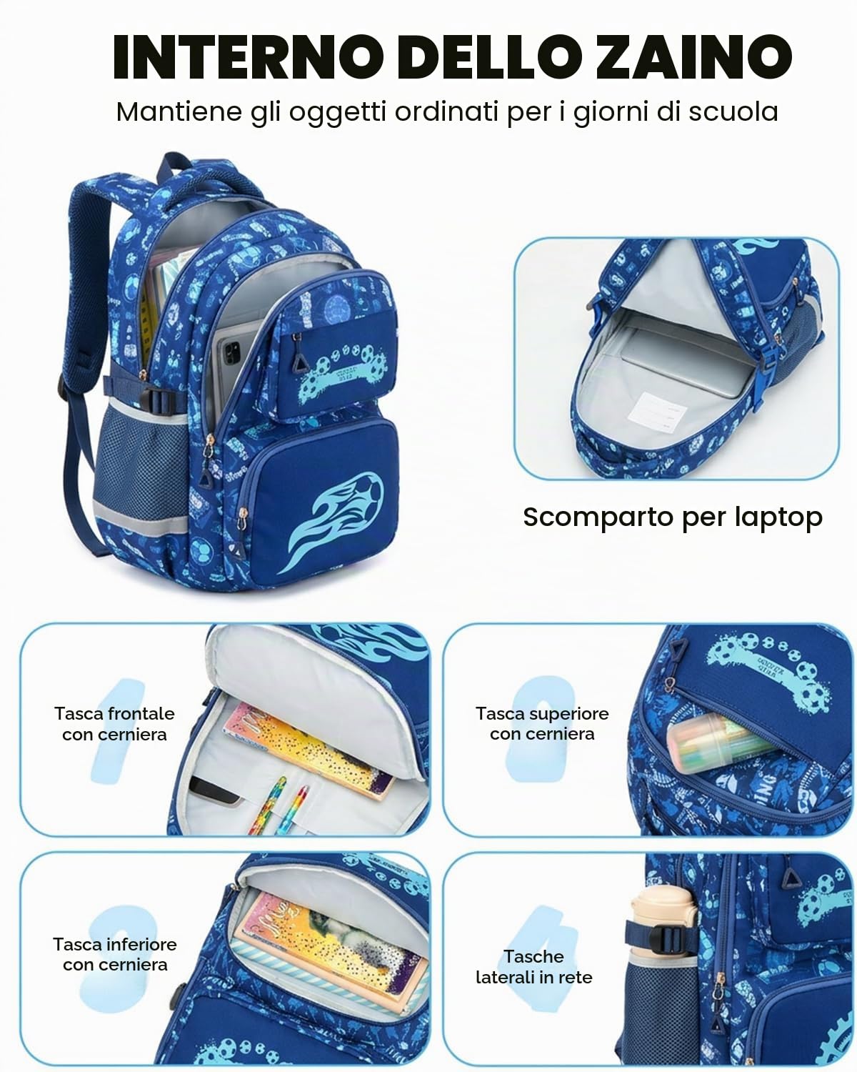 Amythe Zaino Scuola Ragazzi Classi da 1 a 4 Luminoso Leggero Moda, Calcio | Viaggio Riflettente Leggero Calcio Daypack Multitasche Capiente Resistente per Scuola Escursione Tempo Libero