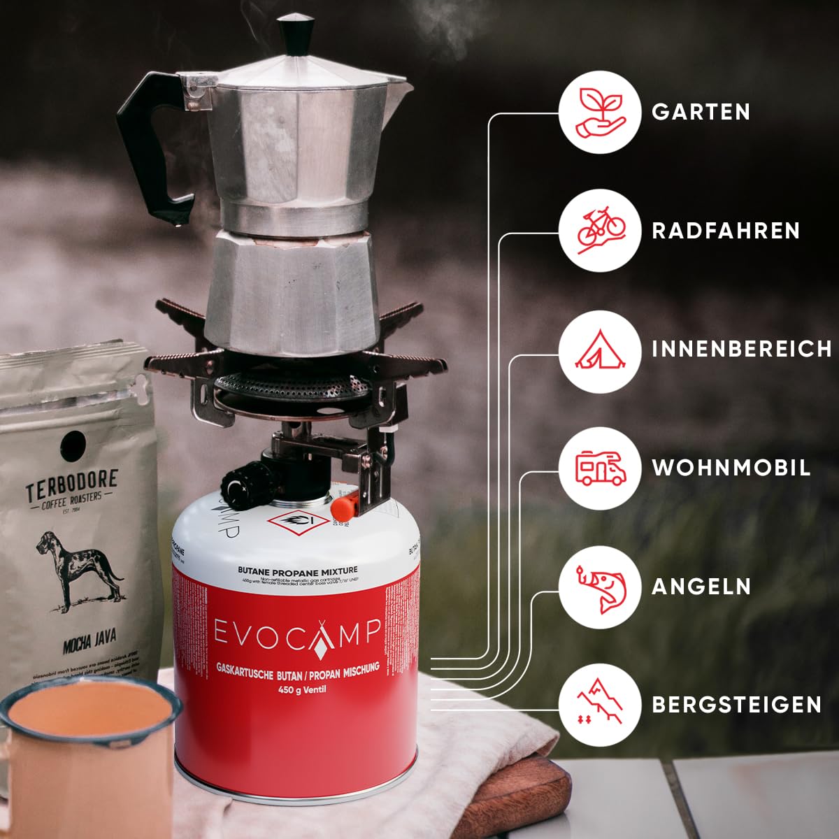 EVOCAMP 4x Propan Butan Gaskartuschen 450g einsetzbar für Weber Grills Q100/1000-Serien, Schraubkartusche Eurogewinde 7/16", Ventilkartusche 809ml mit Sicherheits-Verschlussautomatik