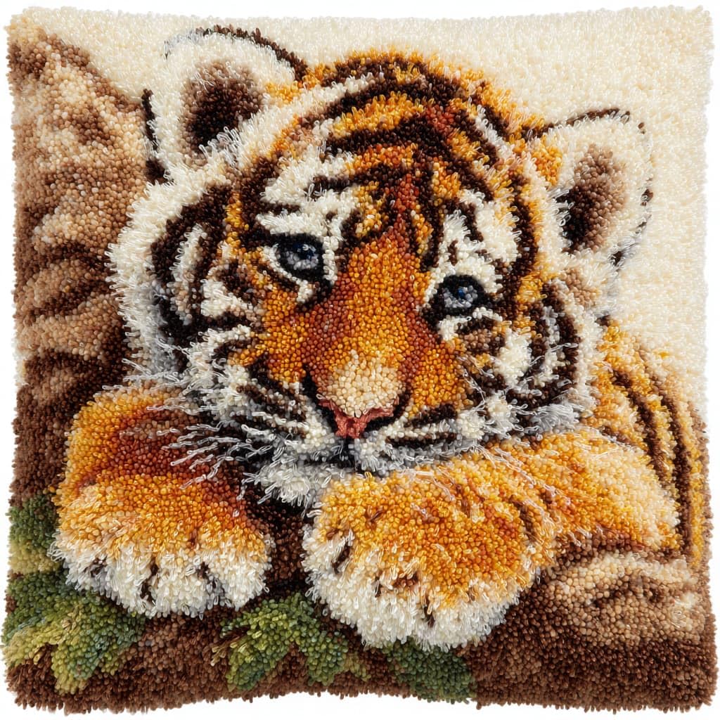 Taxpy Latch Hook Kits, Animal Tiger Pillow DIY Rug Crochet Hook Cushion Making Kits with Preprinted Pattern Canvas DIY Handmade Sofa Cushion Kit 43x43cm