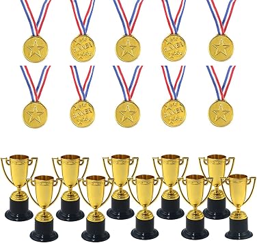 20 Pcs Mini Trophy Cup and Medals, Gold Plastic Trophies and Awards for Kids, School Competition Rewards, Sports Events, Party Favors, Confidence Boosters