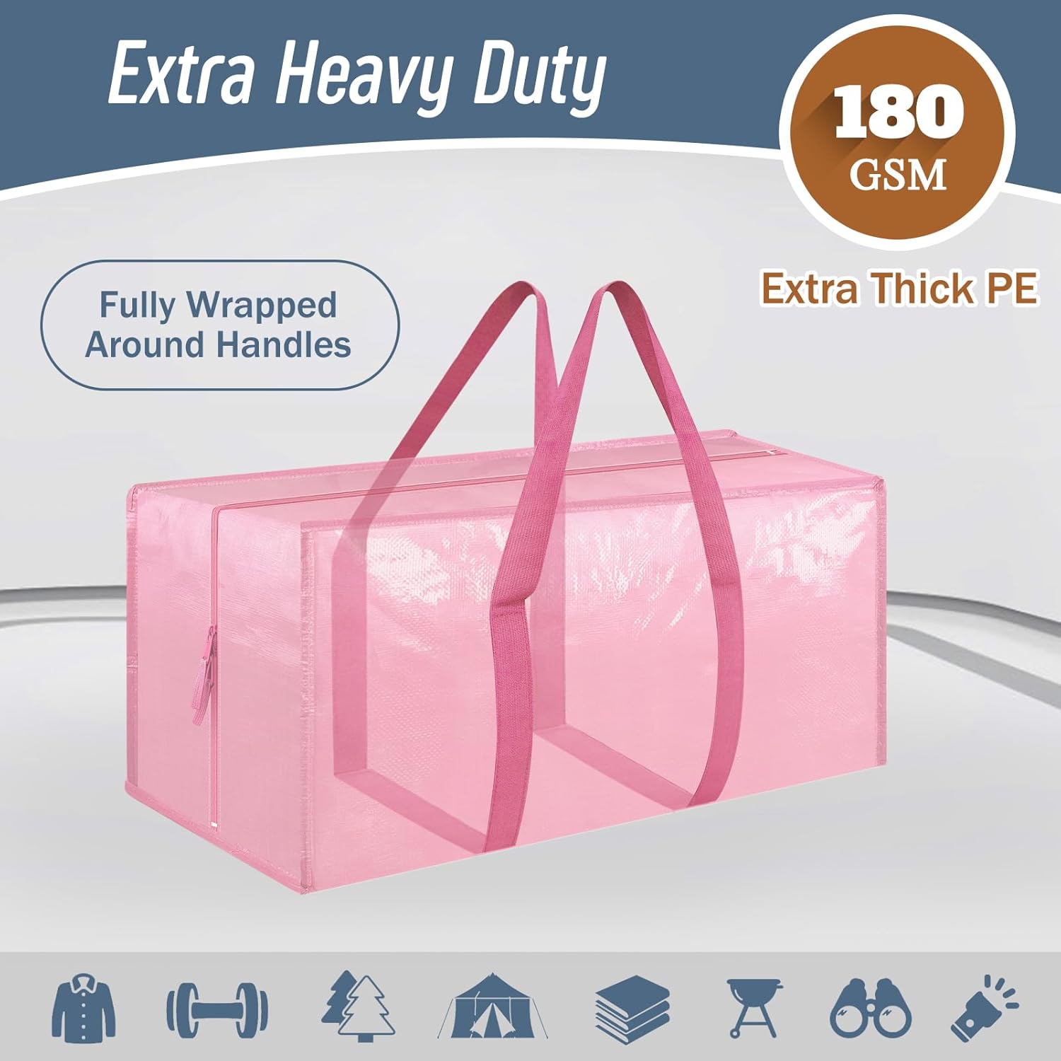 12 Pack Extra Heavy Duty Large Moving Bags with Strong Zipper & Comfortable Handles, Sturdy & Durable Clothes Storage Bags Totes Bins, Packing Moving Boxes for College Supplies, Pink - Image 2