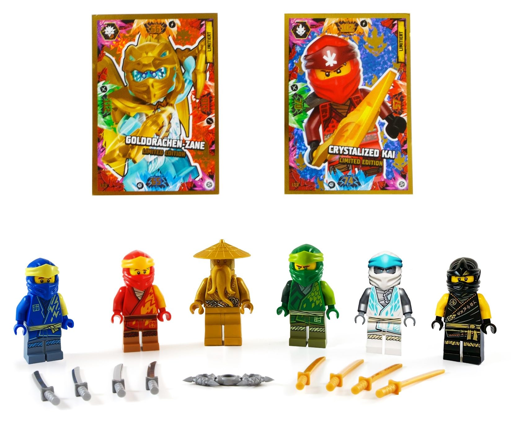 Lego Ninjago Figuren Alle 5 Ninja und Meister Wu ( Grüner Ninja Blauer Ninja Schwarzer Ninja Weisser Ninja und Roter Ninja ) und bmg2000 Aufkleber