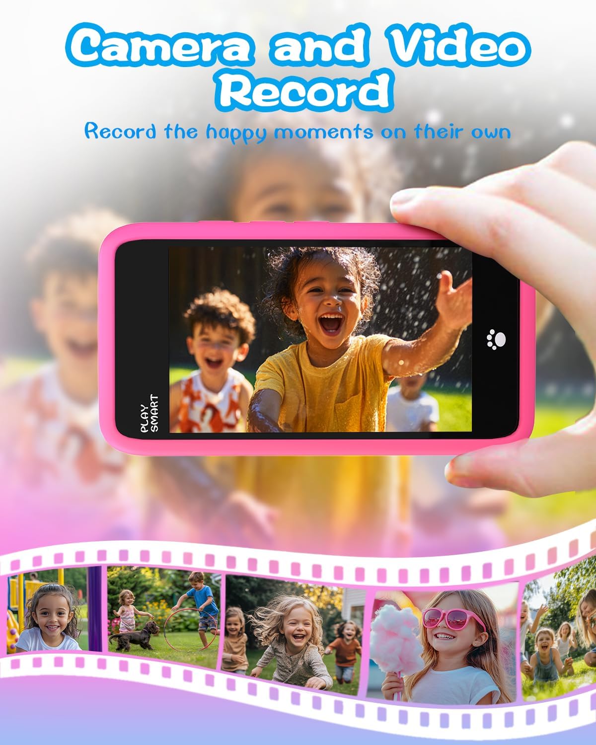 A hand holding the PlaySmart Kids Phone, displaying a photo of two laughing children on its screen, illustrating the camera and video recording function.