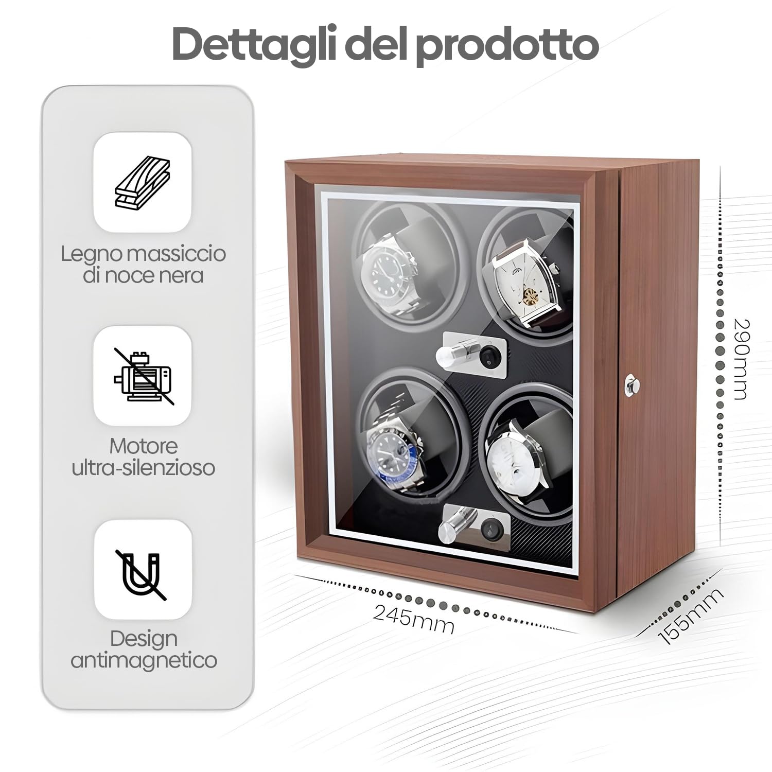 Olvy Caricatore per 4 orologi, illuminazione a LED, Watchwinder Box in legno, motore Mabuchi estremamente silenzioso, cuscino flessibile per orologi