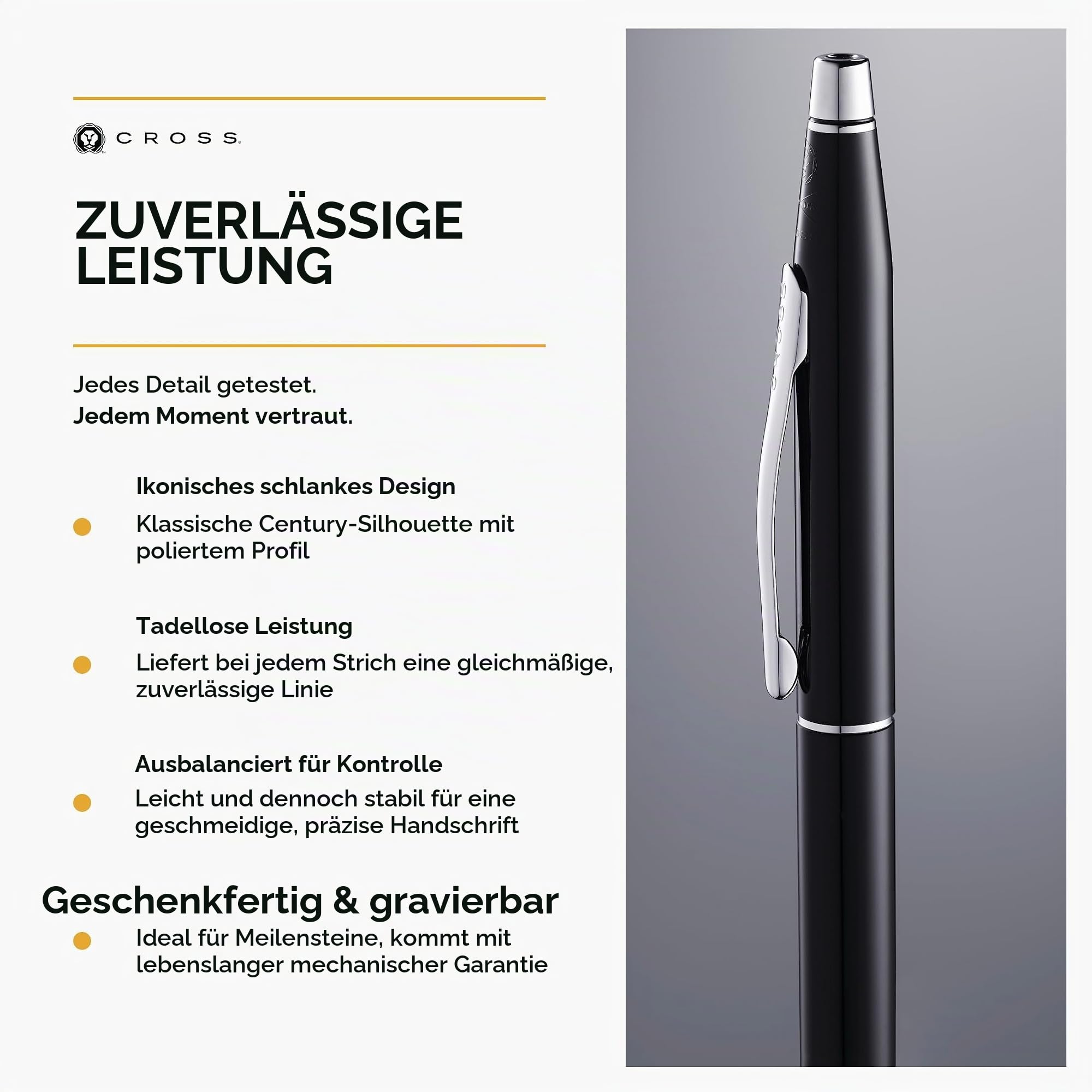 Cross Classic Century Tintenroller (mit Kappe, Strichstäke M, Schreibfarbe: schwarz, nachfüllbar, inkl. Premium Geschenkbox) Schwarz-Lack chromplattiert