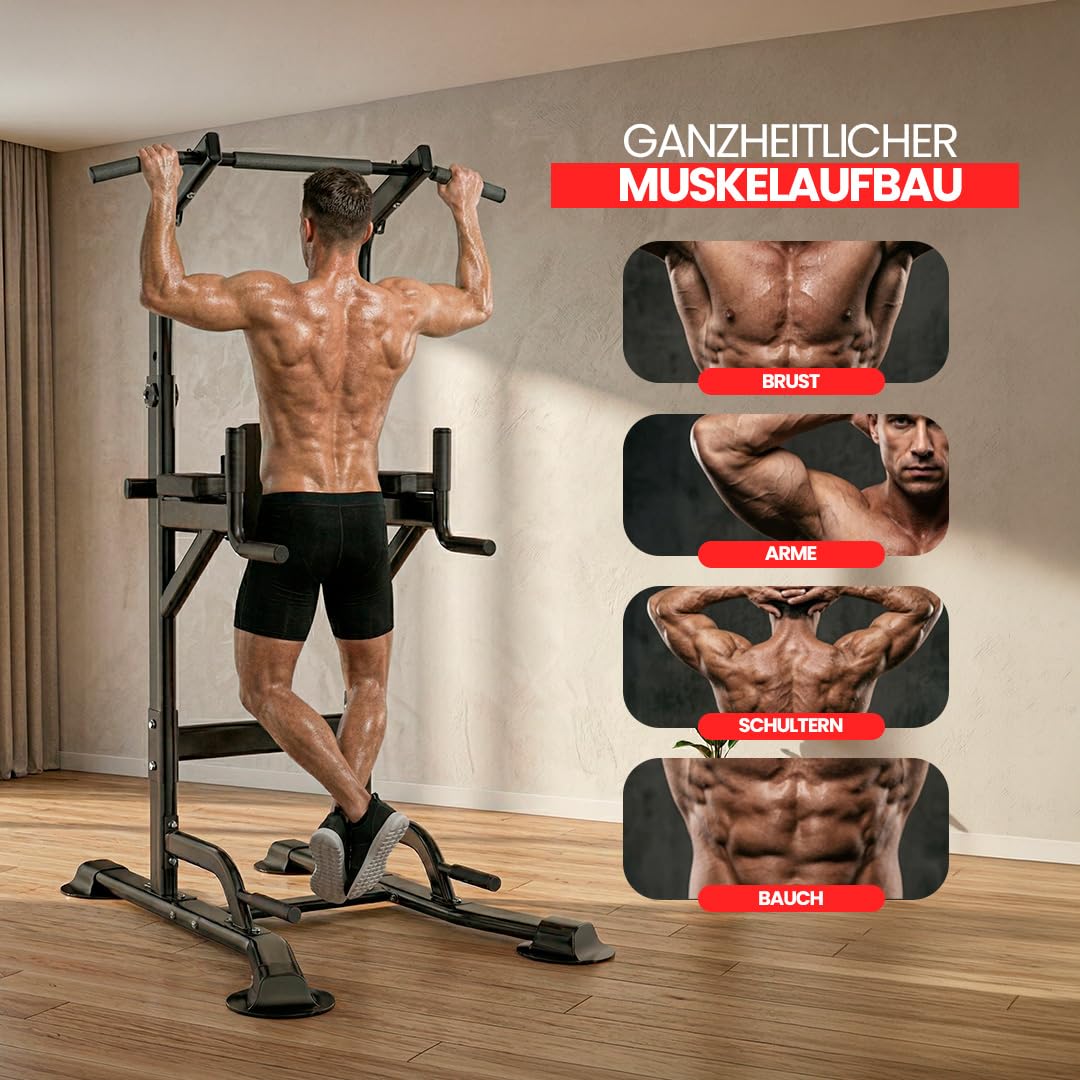 ManiBoom "FELSENFEST" Klimmzugstange freistehend (220 KG) - Höhenverstellbare Power Tower (165-235 cm) mit Anti-Kipp-Basis - Pull Up Station für Calisthenics, Dips & Bauchtraining Zuhause