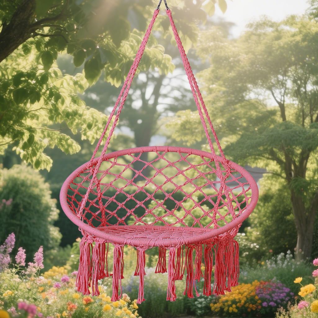 goutime hammock chair, macrame hanging swing chairs with hardware kit,adult boho swings for outside,patio,balcony,bedroom (pink (pillows are not included))