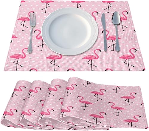 Miniatura 2 de Juego de 4 manteles individuales con diseño de flamencos y lunares, lavables, impermeables, para decoración de mesa de comedor, 18 x 12 pulgadas