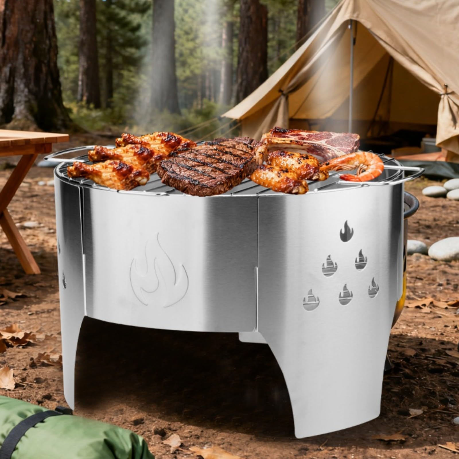 Griglia portatile in acciaio inox, per barbecue da 40 cm, leggera, con borsa per il trasporto, braciere multifunzione a legna e carbone per campeggio all'aperto e feste in giardino, argento