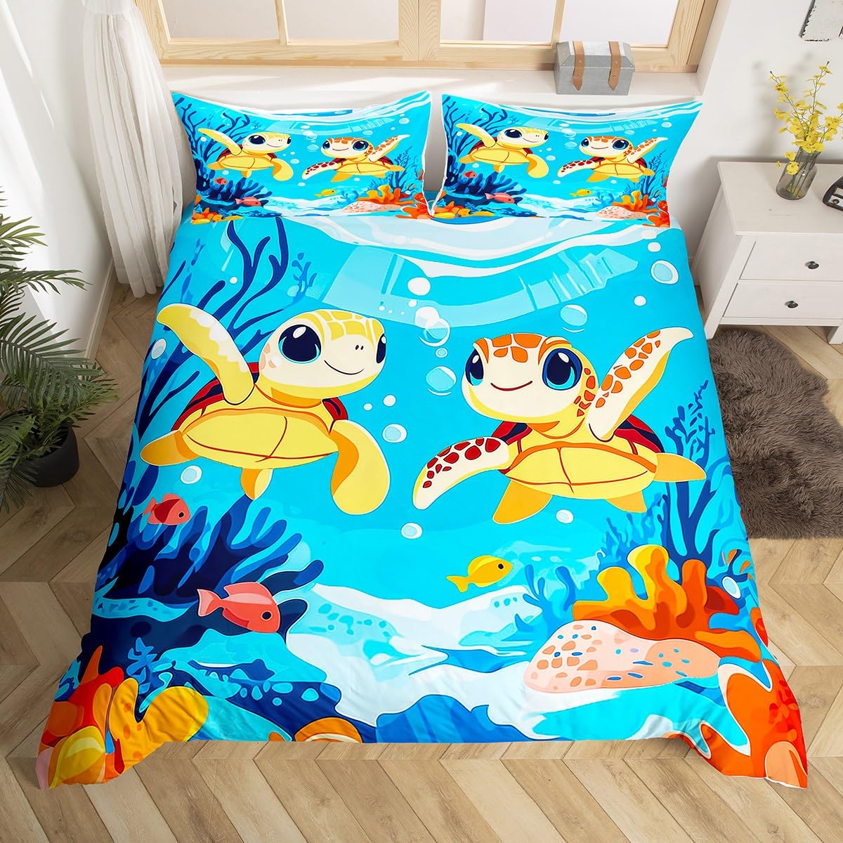 Housse de couette enfant ocean 200x200 parure lit tortue de mer bleu