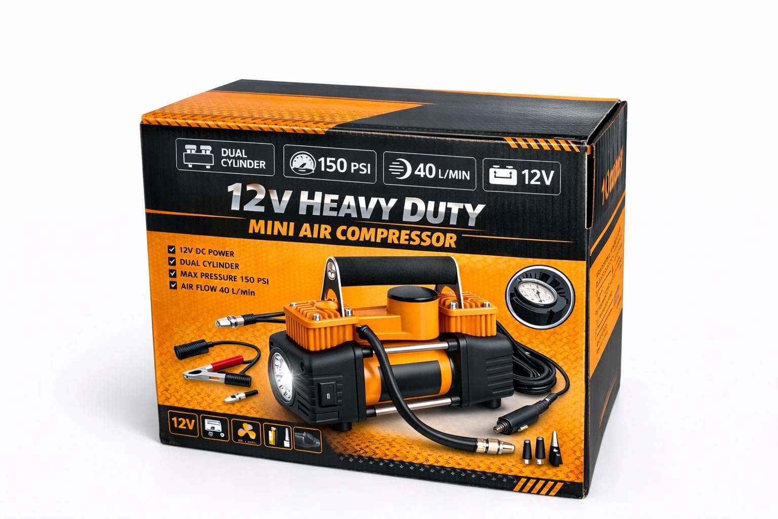 Mini Compressore Aria Portatile 12V 150 PSI Doppio Cilindro con Manometro e Tubo d'Aria Gonfiatore Pneumatici Auto SUV Camper 40L/min con Morsetti Batteria e Accendisigari + Borsa