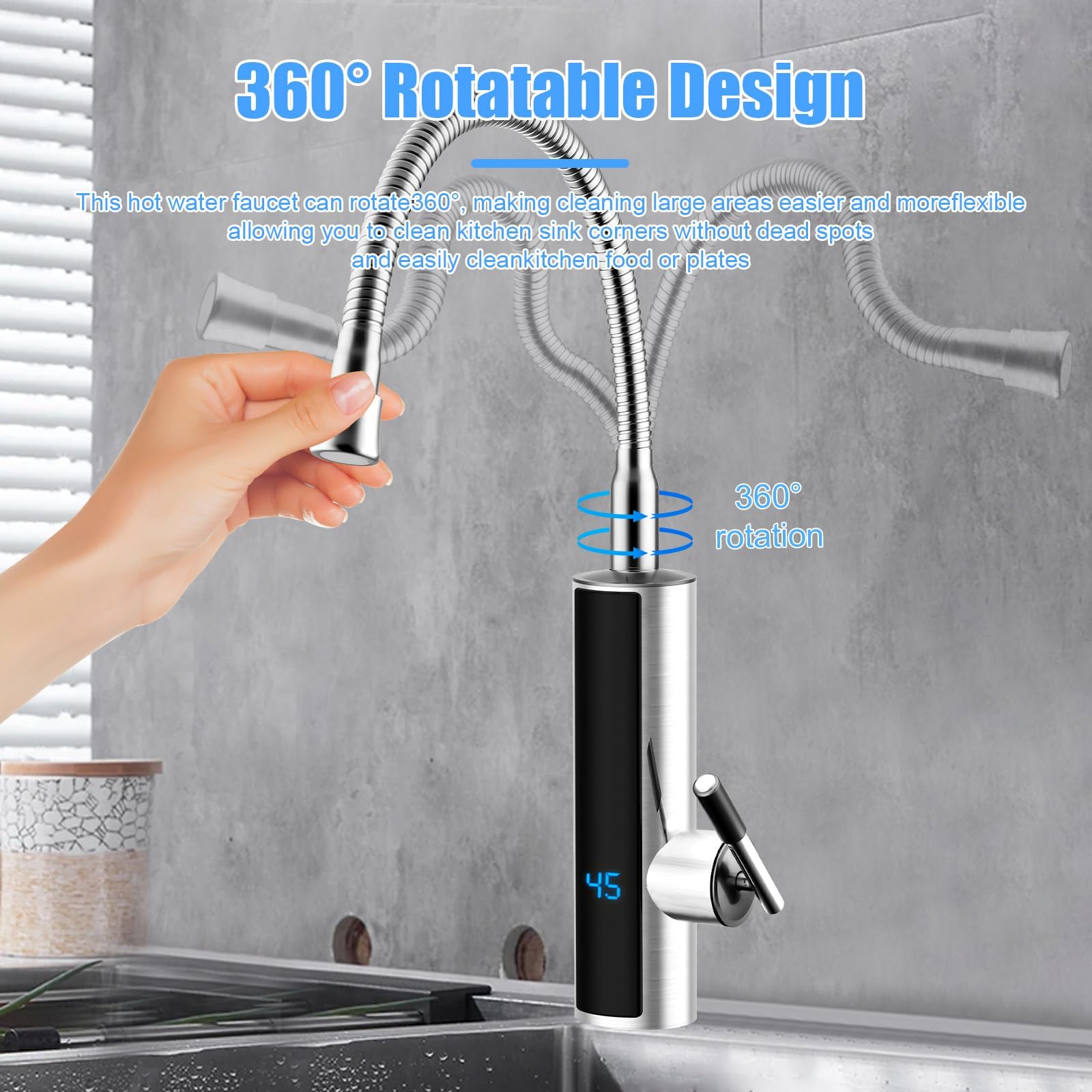 3000 W Durchlauferhitzer Küchenarmatur, Elektrischer Heizhahn mit LCD-Temperaturanzeige, 360º drehbarer Schlauch Küchenarmatur, 304 Edelstahl Wasserhahn für Küche, Bad, Wohnwagen, Camping(Silber)