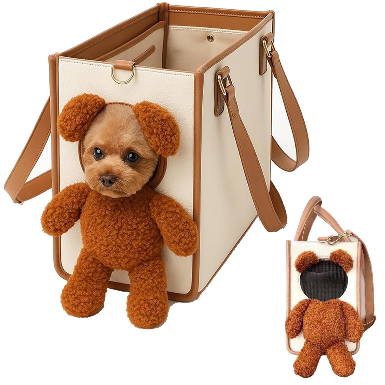 Hundetragetasche, Teddybär-Hundetragetasche für kleine Hunde und Katzen, 2-in-1 multifunktionale Haustier-Tragetasche mit Plüsch und pelzigen Ohren, tragbare praktische Reisetasche für Spaziergänge
