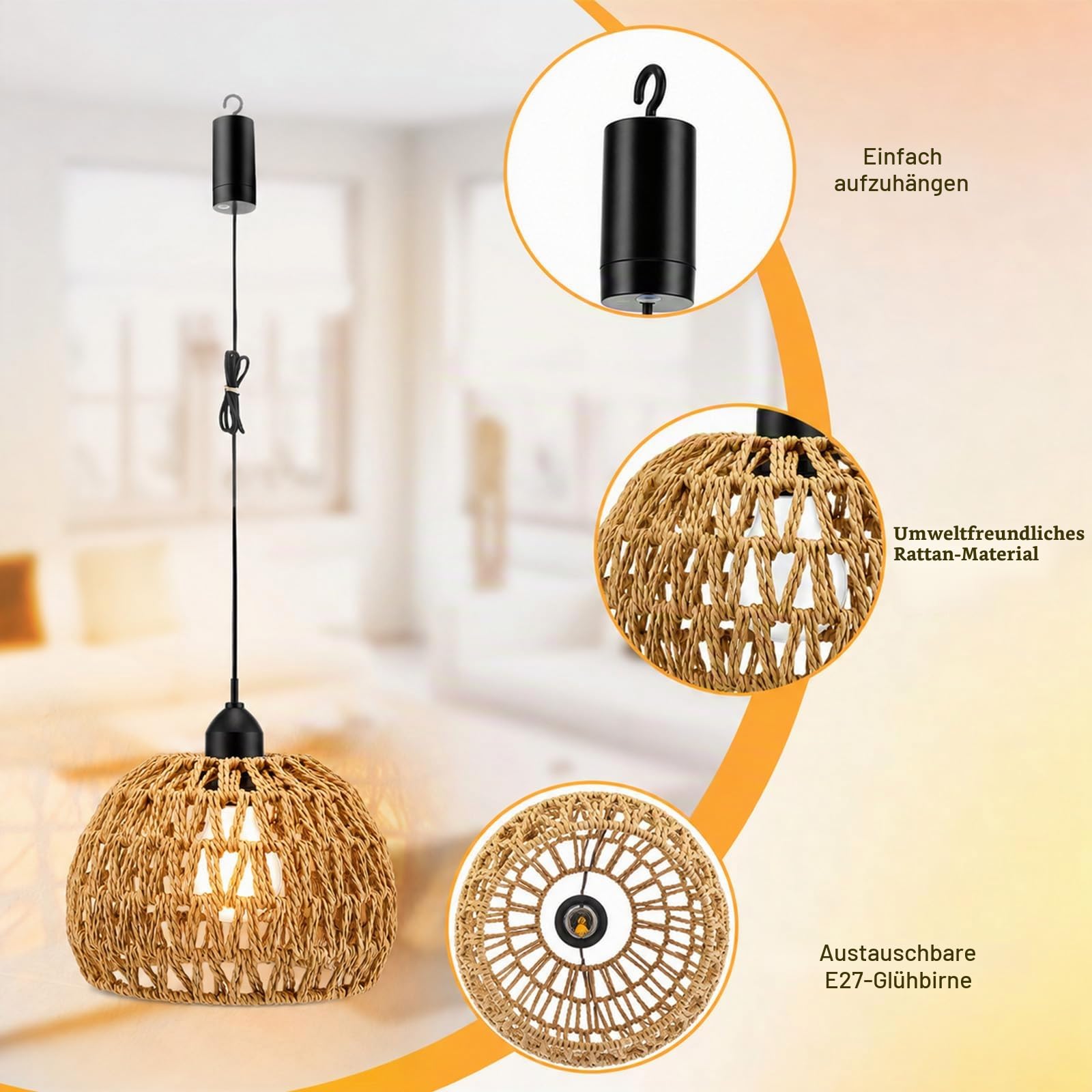 Rattan Hängelampe 2pcs, E27 Retro Pendelleuchte mit Dimmbar Schalter, Vintage akku Hängelampe, Boho Lampe, Indoor/Outdoor Hängeleuchte für Schlafzimmer Foyer Balkon