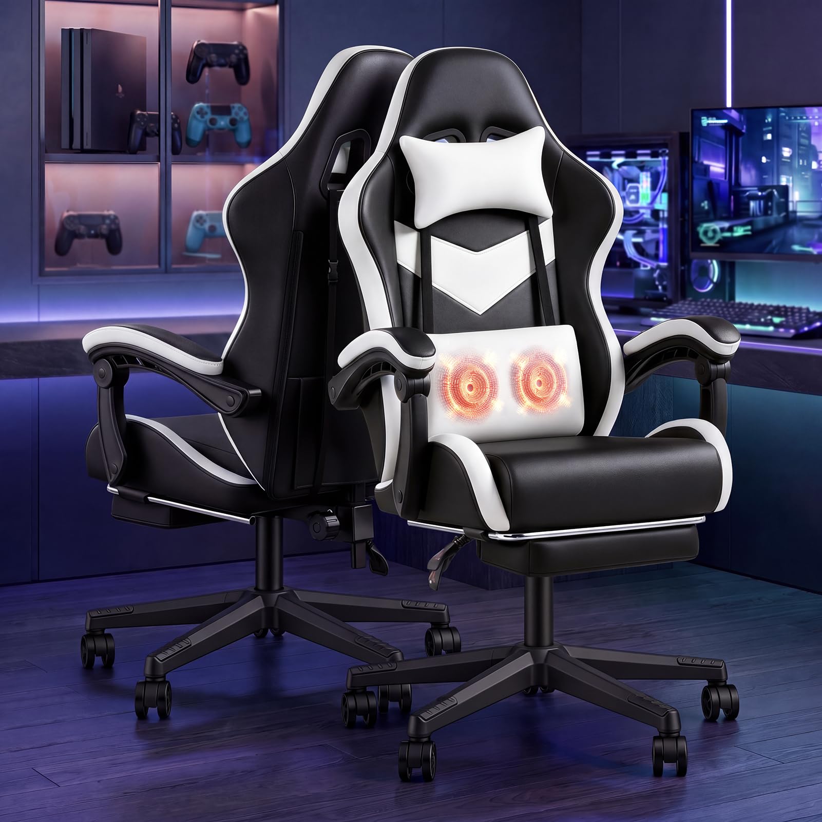 Warmiehomy Gaming Chair, Ergonomic Video Game Chairs, Black & White