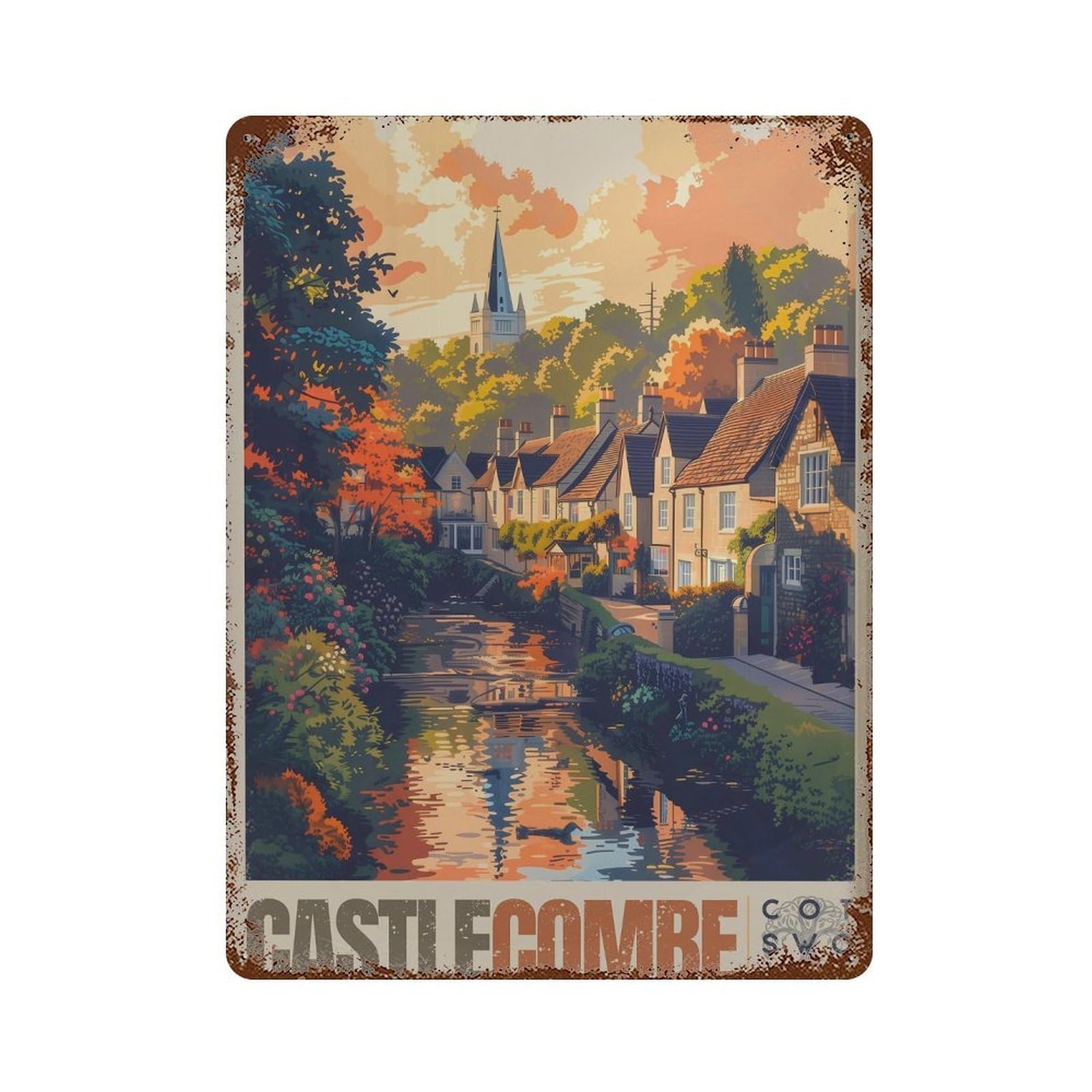 xiaoxiaoshen Castle Combe England Cotswolds UK Wall Decor Art Metal Tin Poster Modern Home Decor Art Home Bar Shop Decorations Vintage Sign 40x30cm