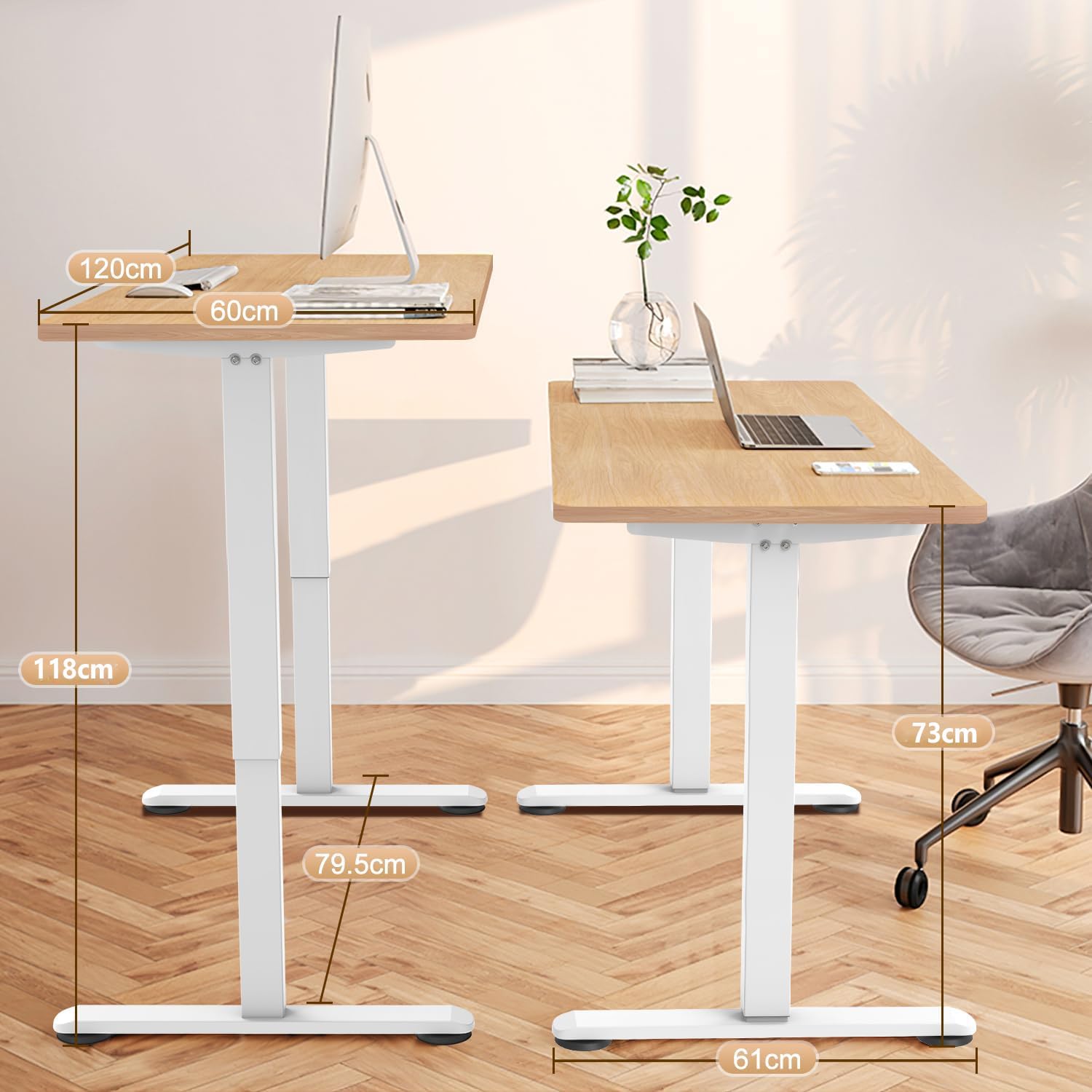 Flamaker desk height comparison showing 120cm x 60cm desktop and height range from 73cm to 118cm