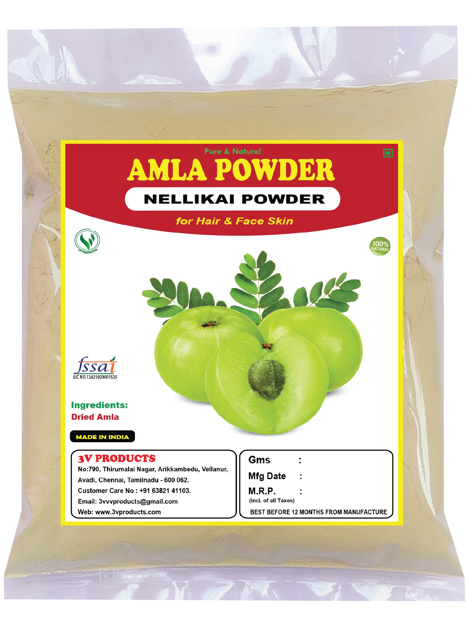 3V PRODUCTS Natural Amla Powder 50g | Nellikai | Indian Gooseberry for Hair Growth | Stronger | Skin | Face Care