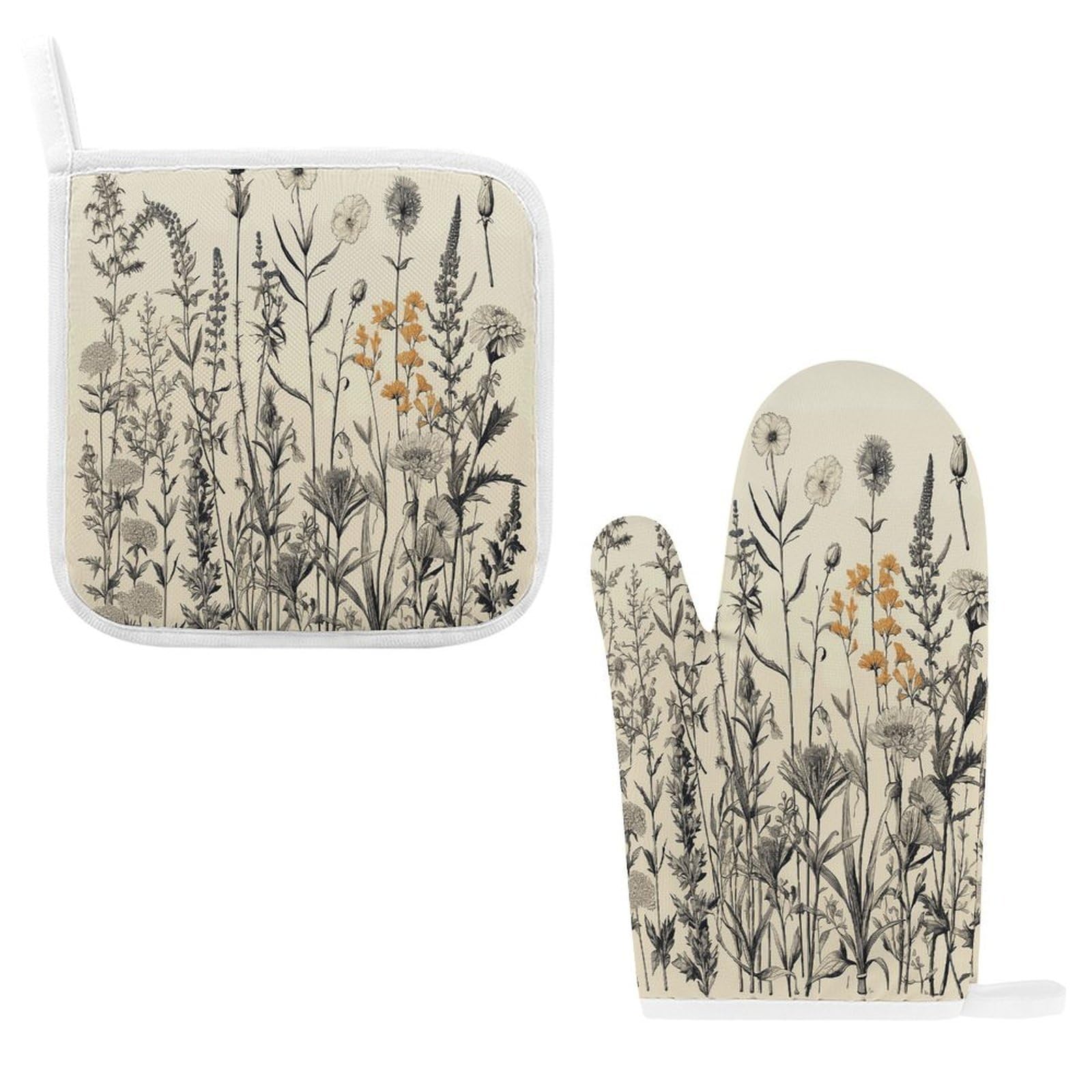 Fodpand Style Floral Herbs Botanical Engraving Oven Mitts And Pot Holders Sets