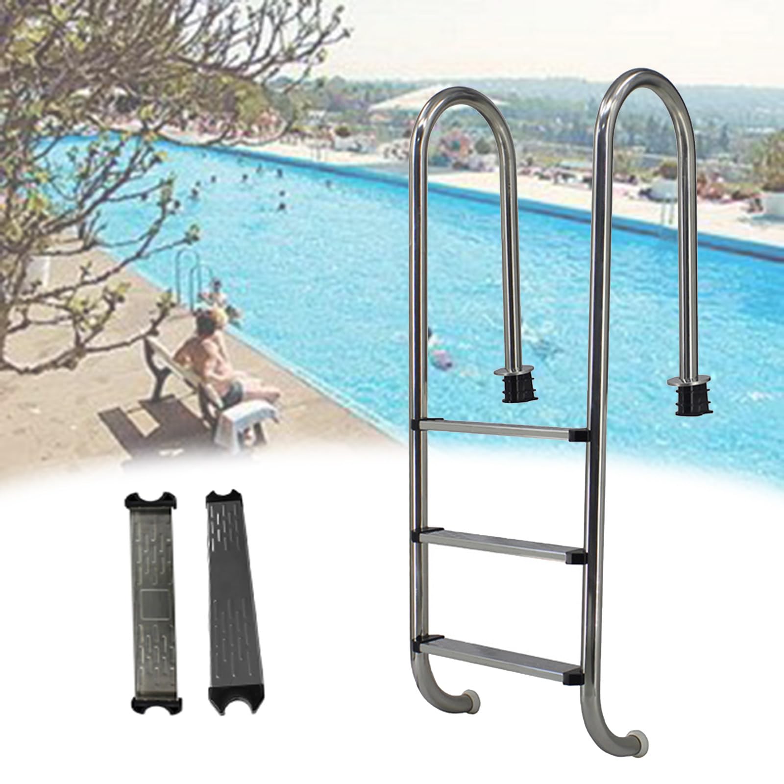 Poolleiter mit 2/3 verschleißfesten Pedalen, Schwimmbad-Trittleiter aus Edelstahl für Innen-/Außenpools, Thermalbäder, Spa-Pools, Wasserparks,C-3steps