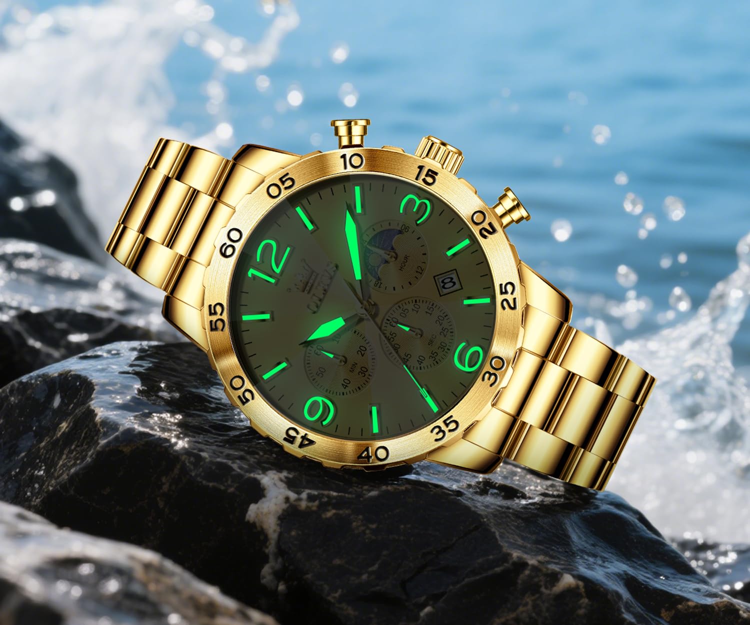 OLEVS Uhren Herren 44mm DREI-Augen-Zifferblatt Edelstahlarmband Quarzwerk 30M Wasserdicht Kratzfestes Glas Business Herrenuhr
