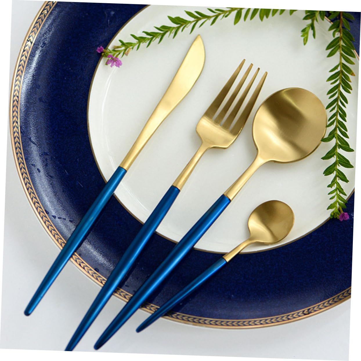 Juego de Cubiertos de Acero Inoxidable 1 Set, Tenedor de Cena | Diseño Clásico Moderno, Azul y Dorado, Uso en Boda y Celebraciones, Agarre Firme y Limpieza Fácil